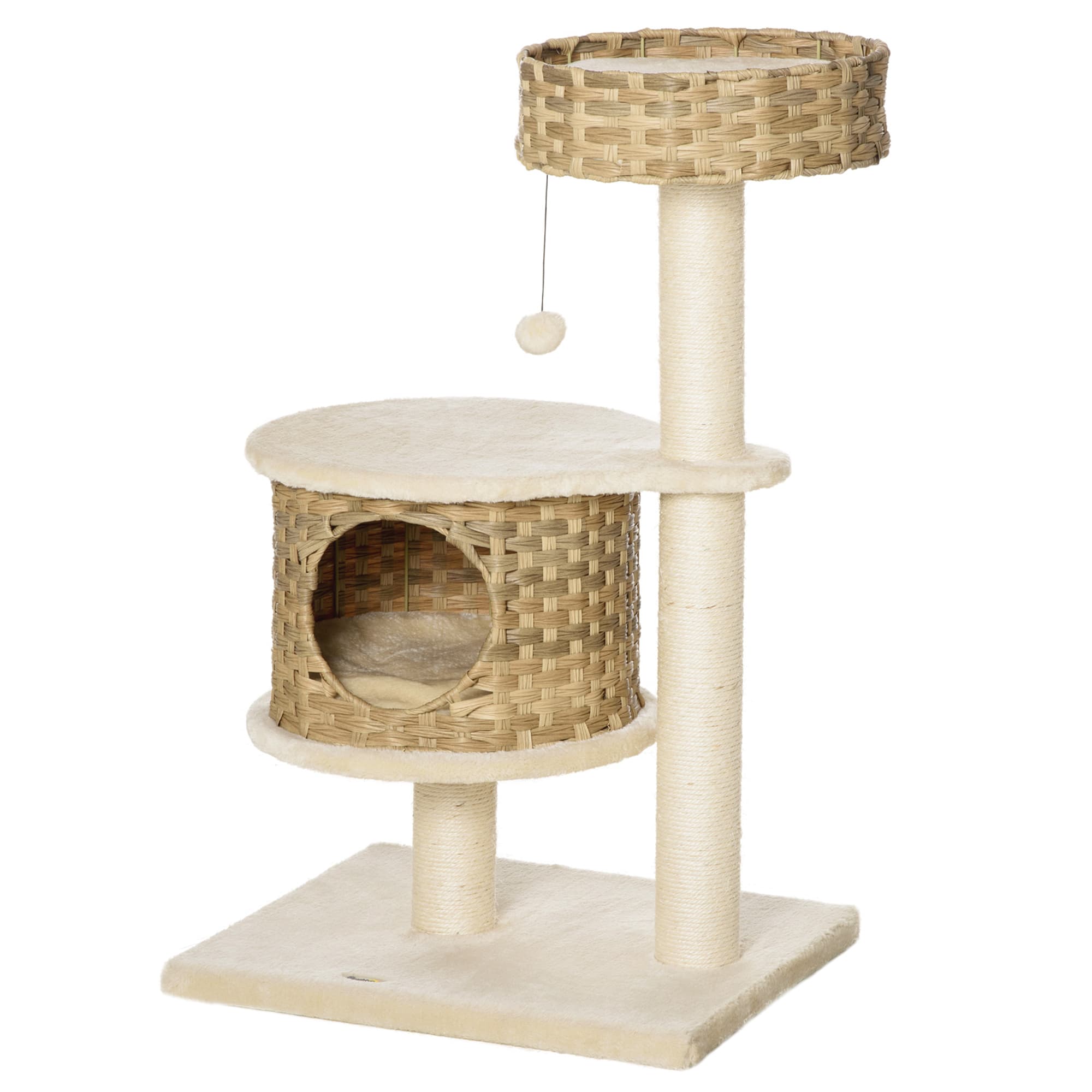 PawHut Arbre à Chat Rotin 95 cm Hauteur 3 Étages avec Plateforme, Panier Chat, Arbre à Chat avec Cabane à Chats Poteaux Sisal Boules de Jeux Mobilier pour Chat Sisal Nature+Beige