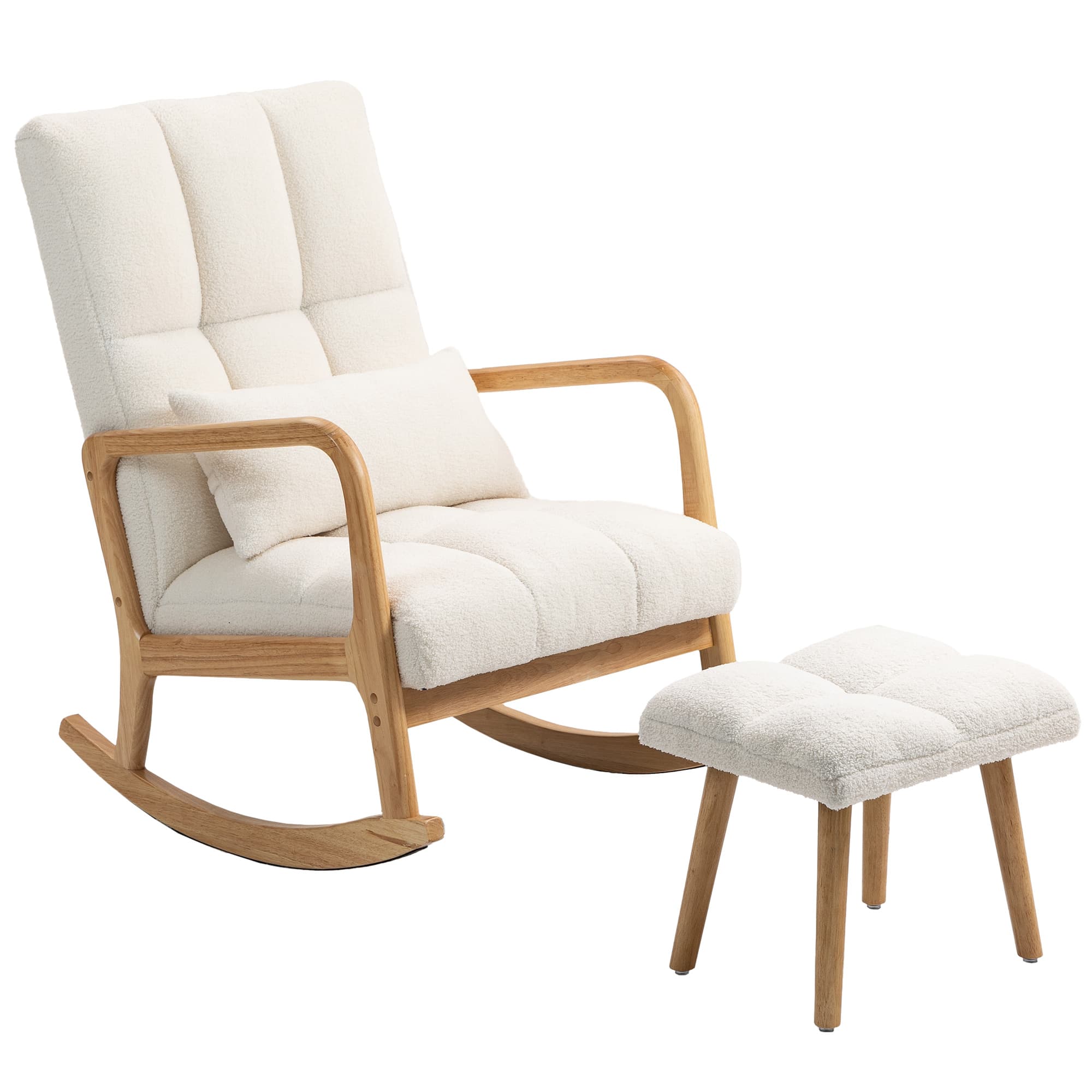 HOMCOM Fauteuil à bascule avec repose-pieds, revêtement en polaire, dossier haut, pieds en bois, patins, Blanc