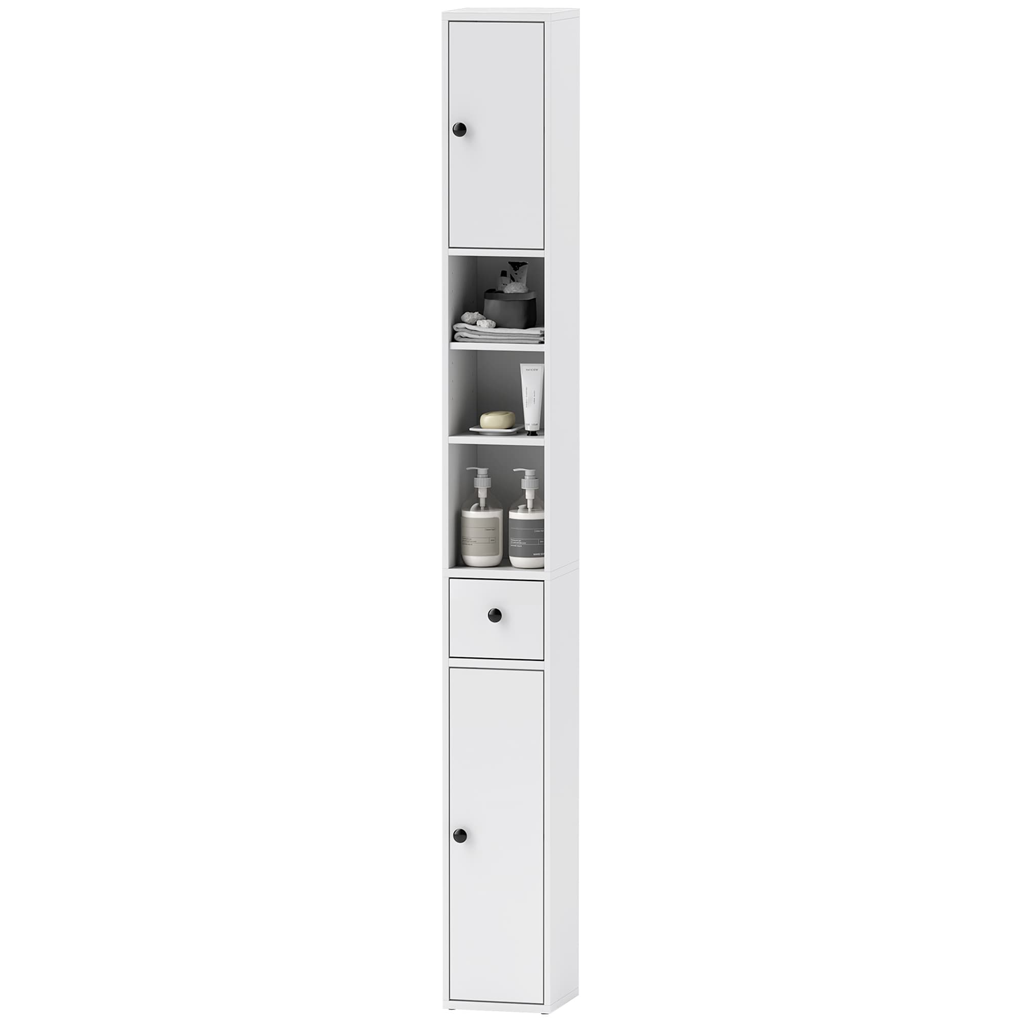 HOMCOM Colonne de Salle de Bain Gain de Place avec 2 Armoires, 3 Étagères Ouvertes et Tiroir, en Bois, 20x20x178 cm, Blanc