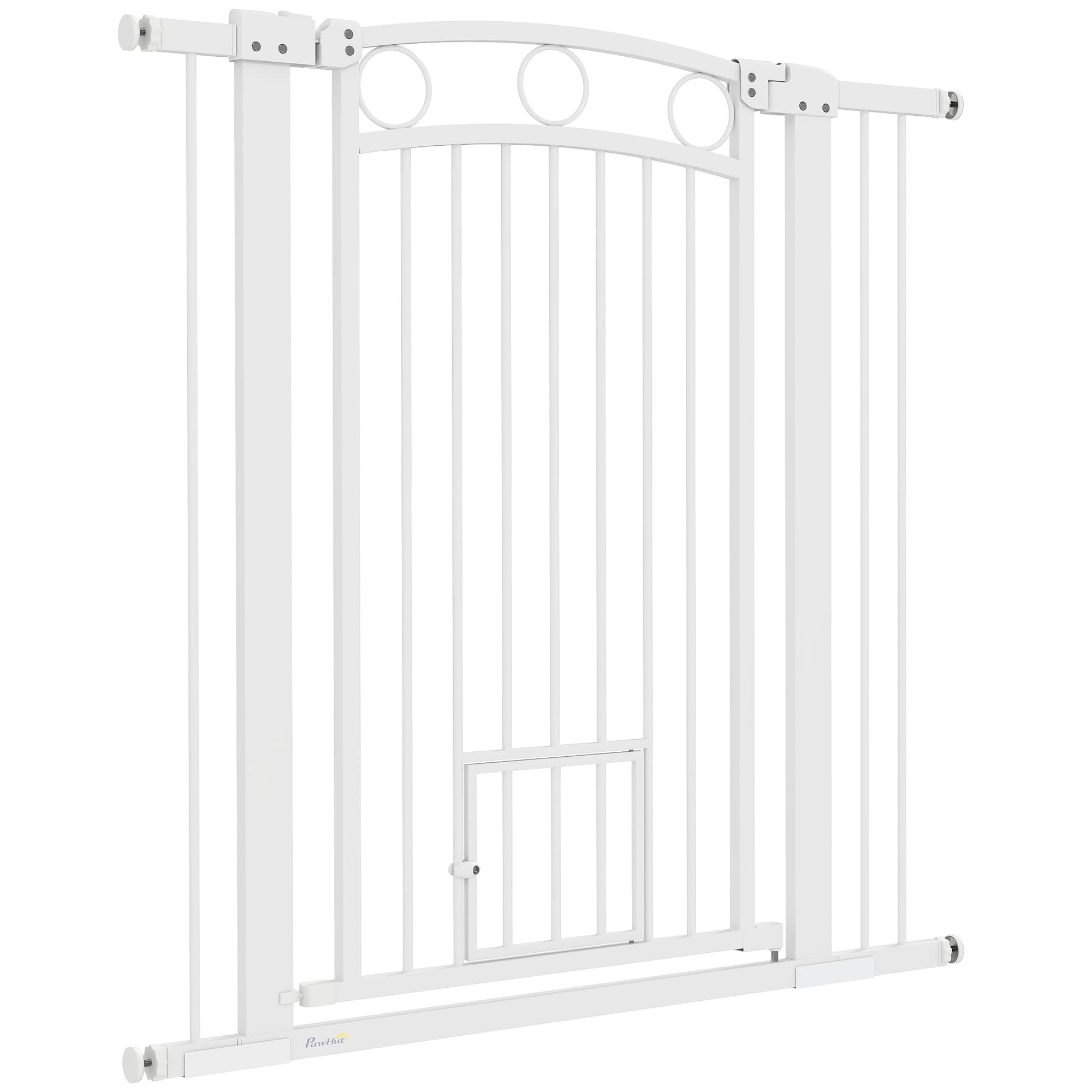 PawHut Barrière de Sécurité pour Animaux de 106 cm de hauteur avec largeur ajustable, porte pour chat intégrée, pour escaliers et encadrements de porte, Blanc