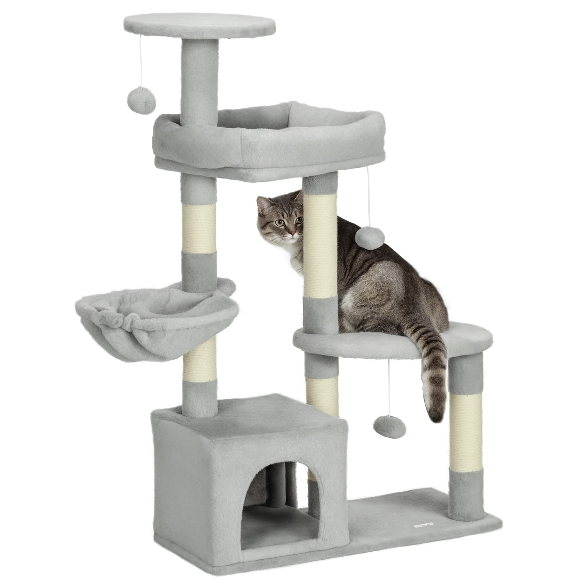 PawHut Arbre à chat hauteur 104 cm centre d'activités multi-niveaux colonnes renforcées 3 boules suspendues gris clair