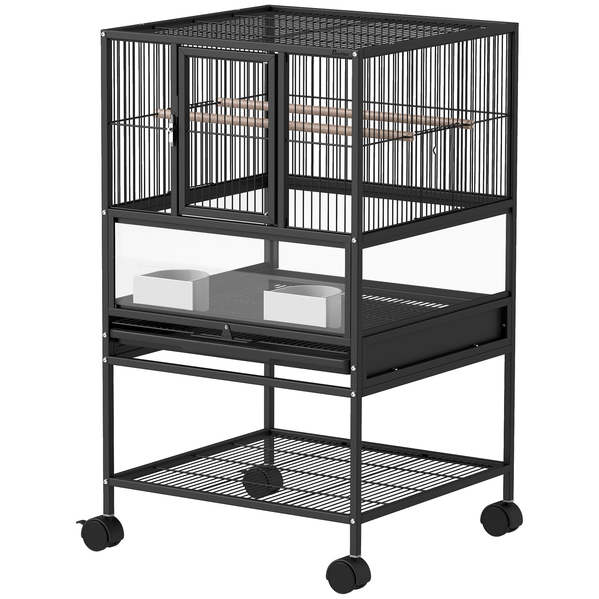 PawHut Cage pour Oiseaux avec Étagère Inférieure, Plateau et Grille Amovibles, en Acier et PP, 48x46x83 cm, Noir