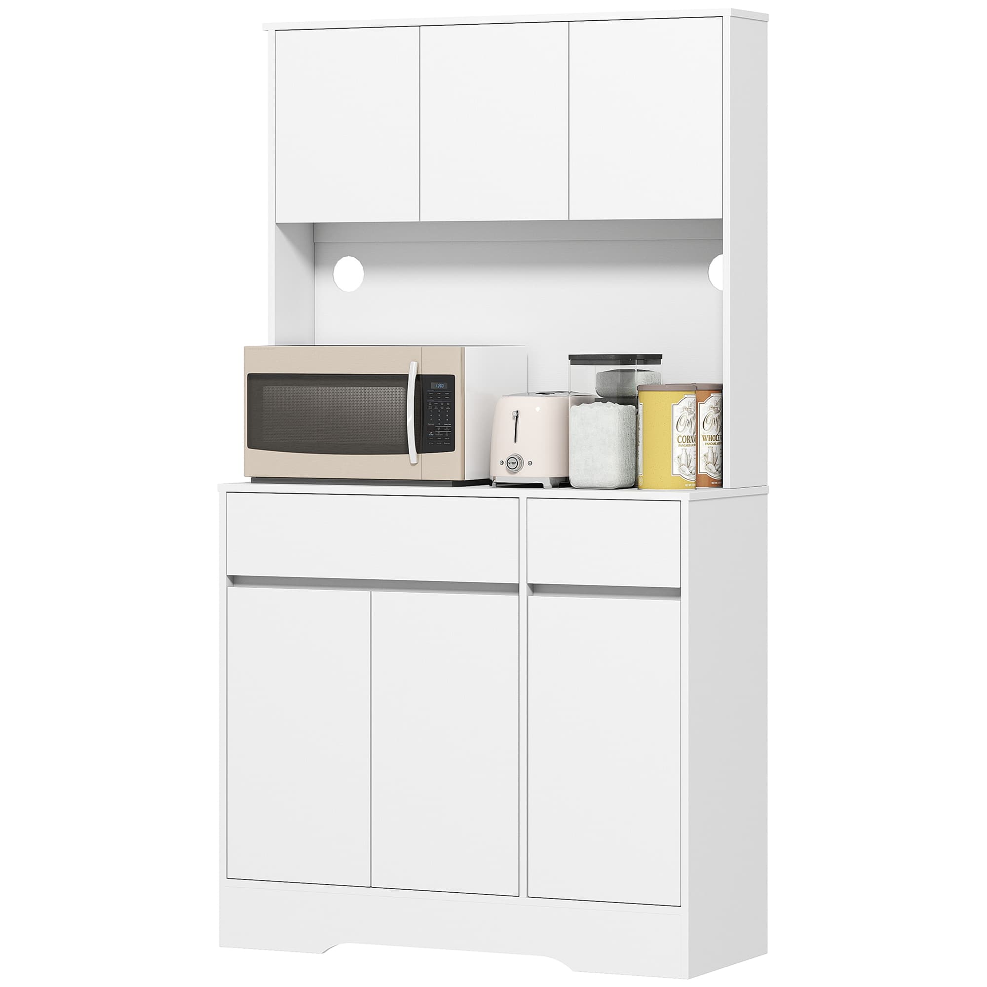 HOMCOM Buffet de Cuisine avec Plan de Travail Ouvert, 6 Portes, 2 Tiroirs, Étagères Réglables, Passe-Câbles, Panneau de Particules, Blanc