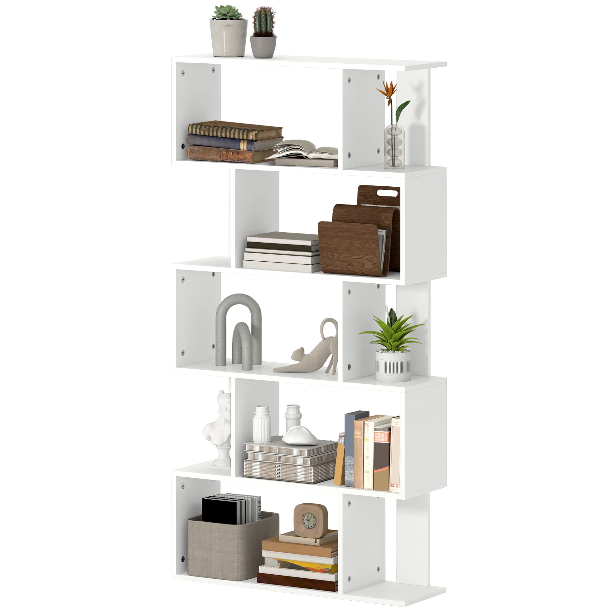 HOMCOM Bibliothèque Asymétrique en S à 5 Niveaux avec 10 Étagères Ouvertes, en Bois, 80x24x159 cm, Blanc