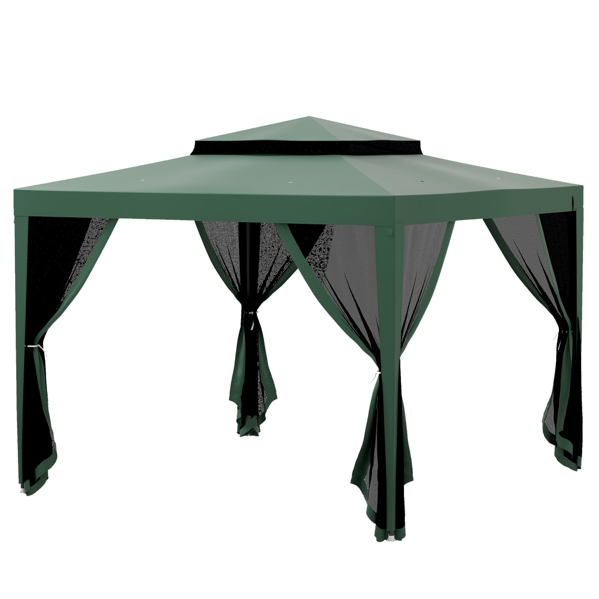 Outsunny Tente de Jardin 3x3 m Cenador Gazebo avec 4 Moustiquaires Latérales Toit Double 8 Trous de Drainage Cadre Métallique Vert