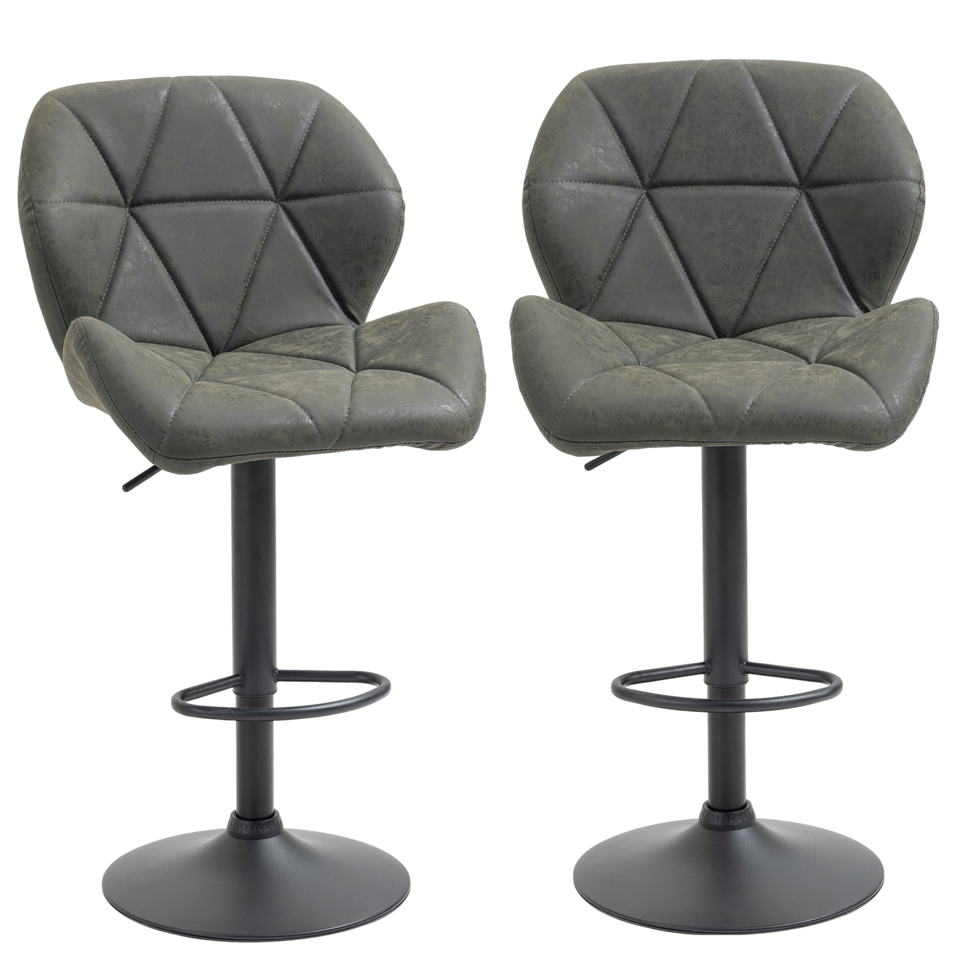 HOMCOM Ensemble de 2 tabourets de cuisine modernes en similicuir avec dossier et repose-pieds, hauteurs réglables, base ronde, 51,5x57,5x93-114,5 cm, Vert Militaire
