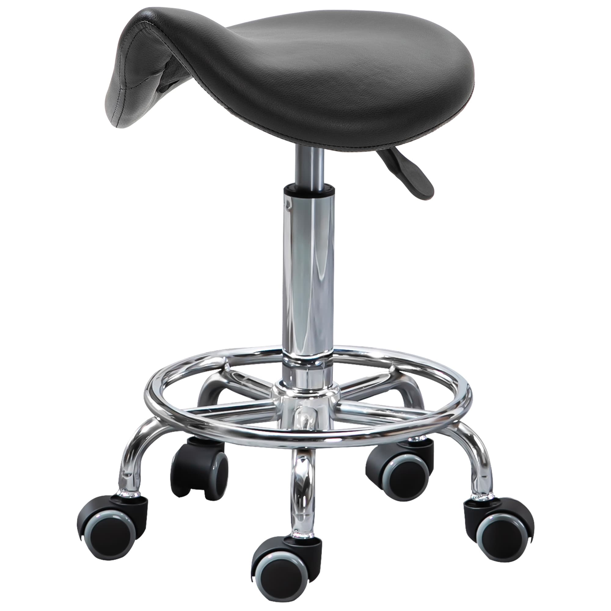 HOMCOM Tabouret Réglable en Hauteur avec 5 Roulettes et Assise Ergonomique Rembourrée en Mousse, 36,5x37,5x51-66 cm, Noir