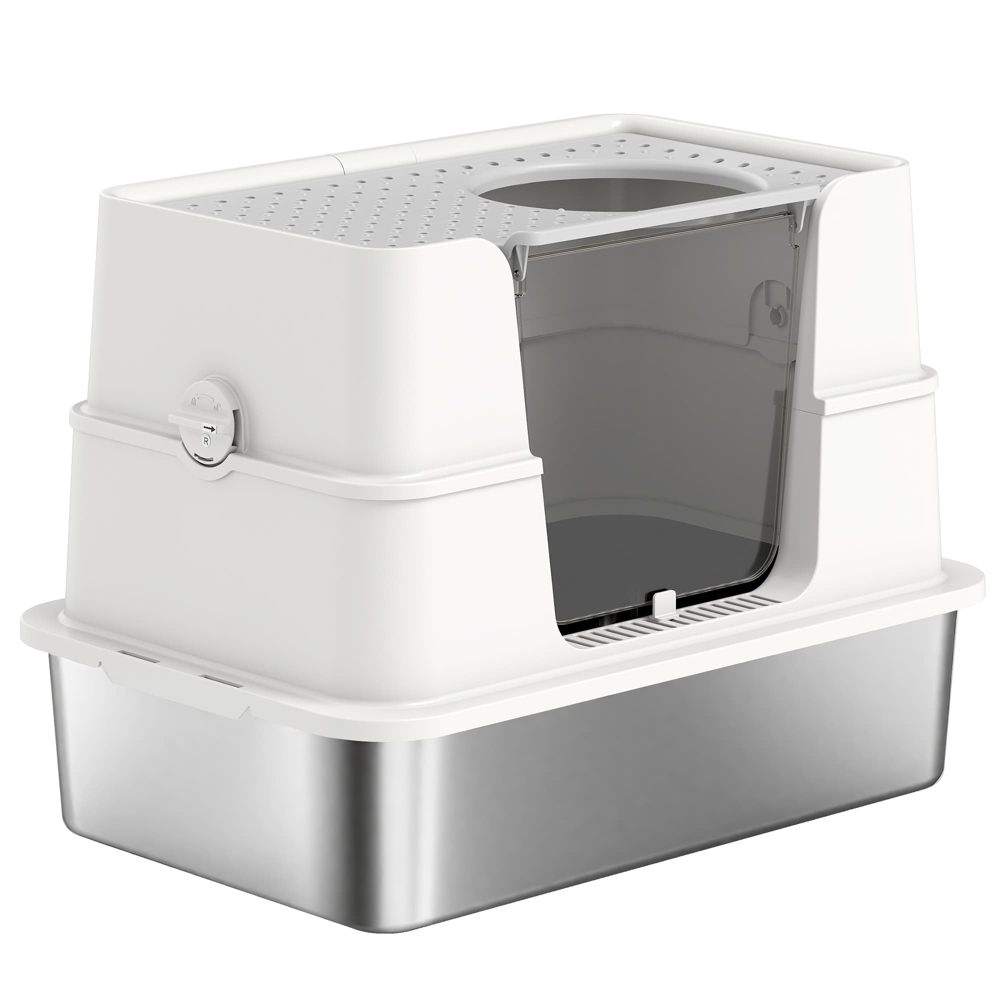 PawHut Litière pour Chat en Acier Inoxydable XL avec Couvercle Relevable Entrées Hautes Pelle Facile à Nettoyer Anti-Fuites Gris Clair