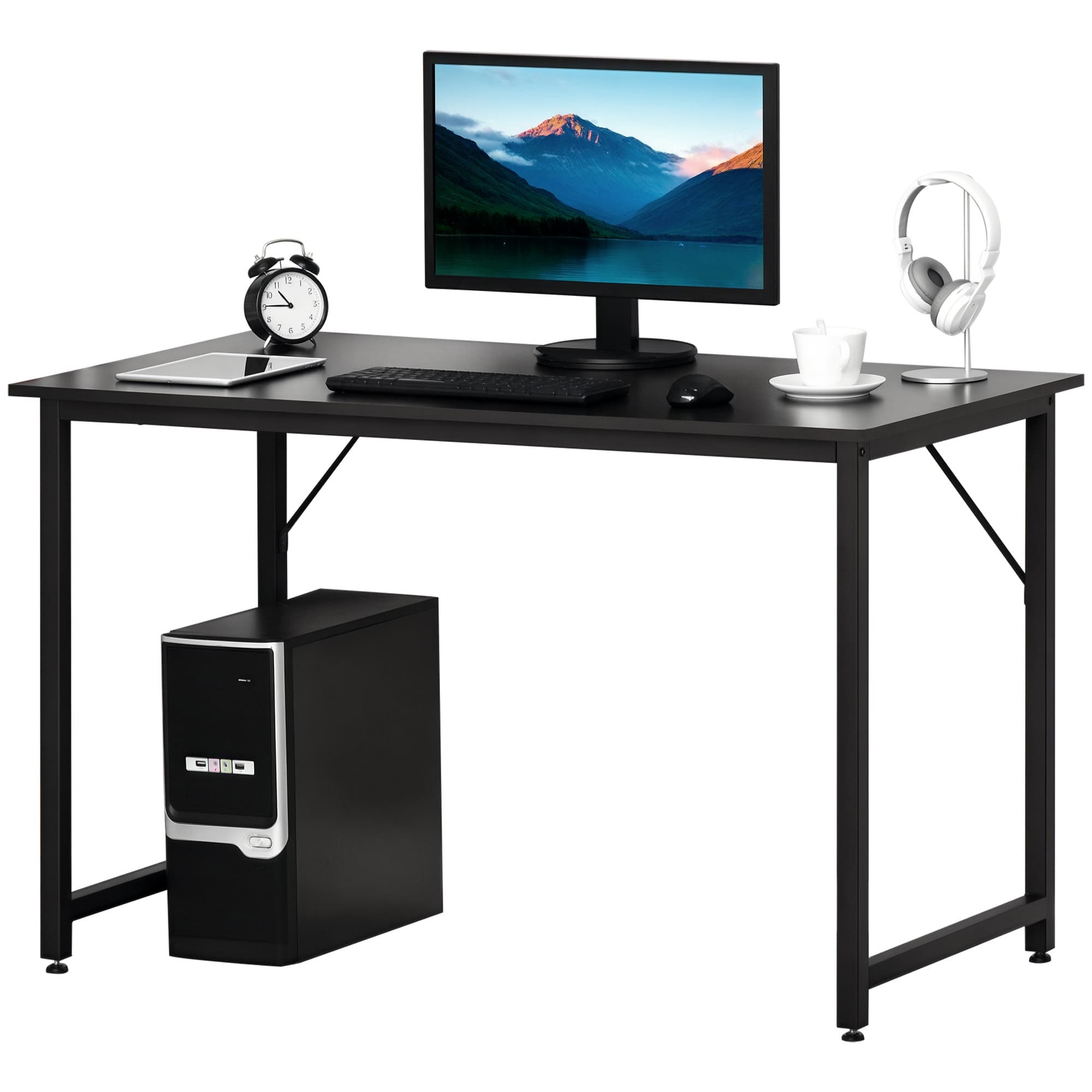 HOMCOM Bureau informatique style industriel grand plateau dim. 120L x 60l x 73H cm métal noir MDF aspect wengé brun foncé