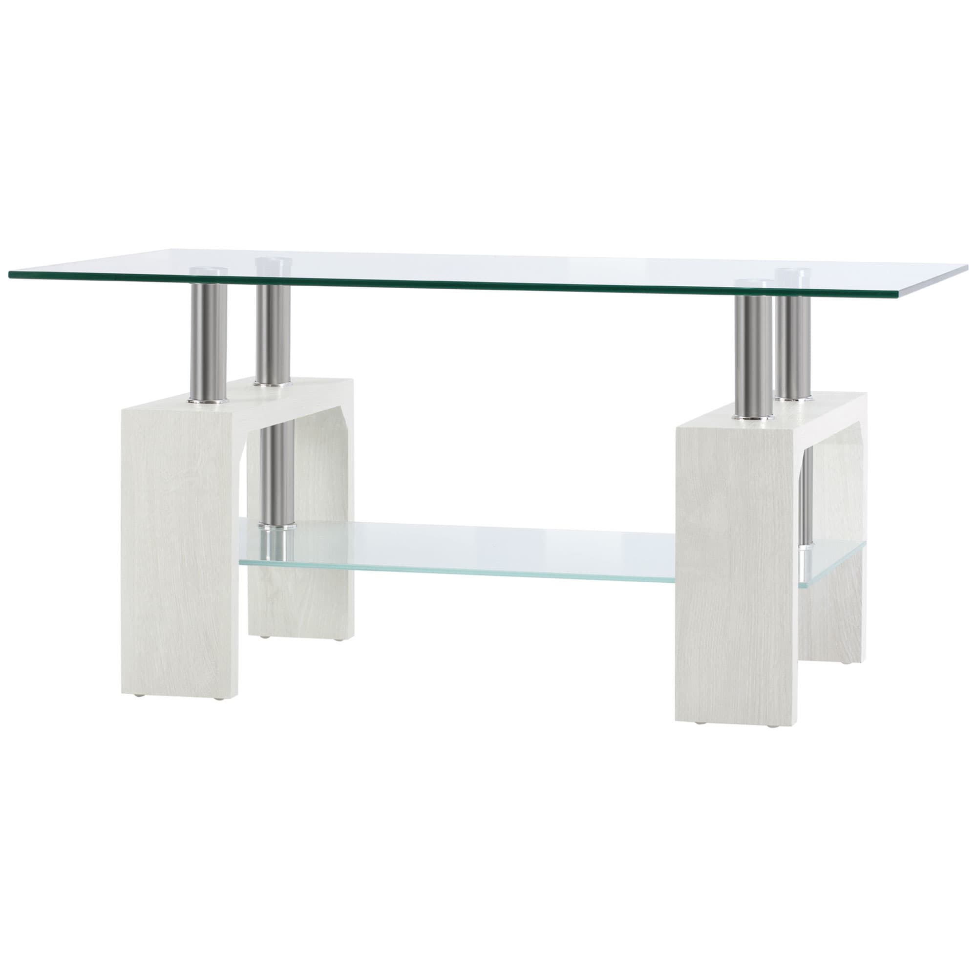 HOMCOM Table Basse Moderne à 2 Niveaux en Verre et Bois, 90x50x42cm, Blanc