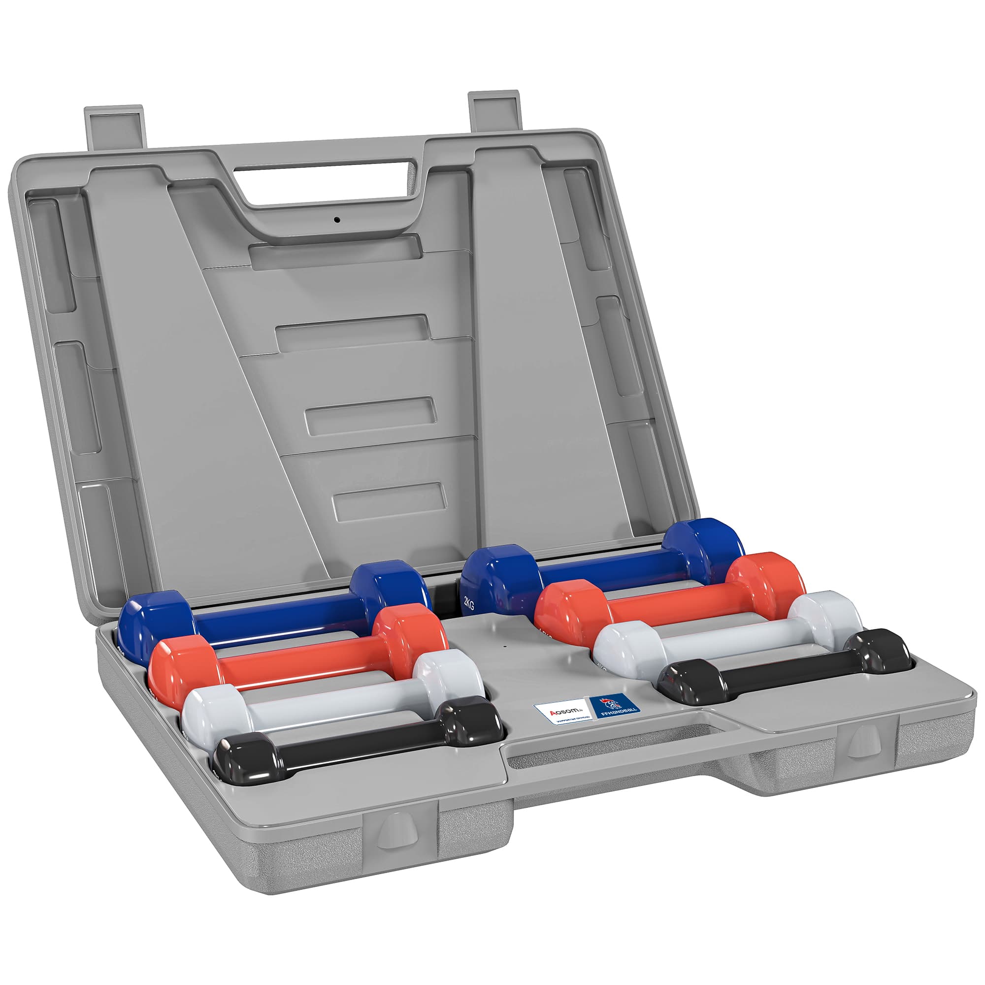 HOMCOM Ensemble d'haltères courtes total 10 Kg paires de 0,5/1/1,5/2 Kg avec malette entraînement musculaire & haltérophilie - métal PU multicolore