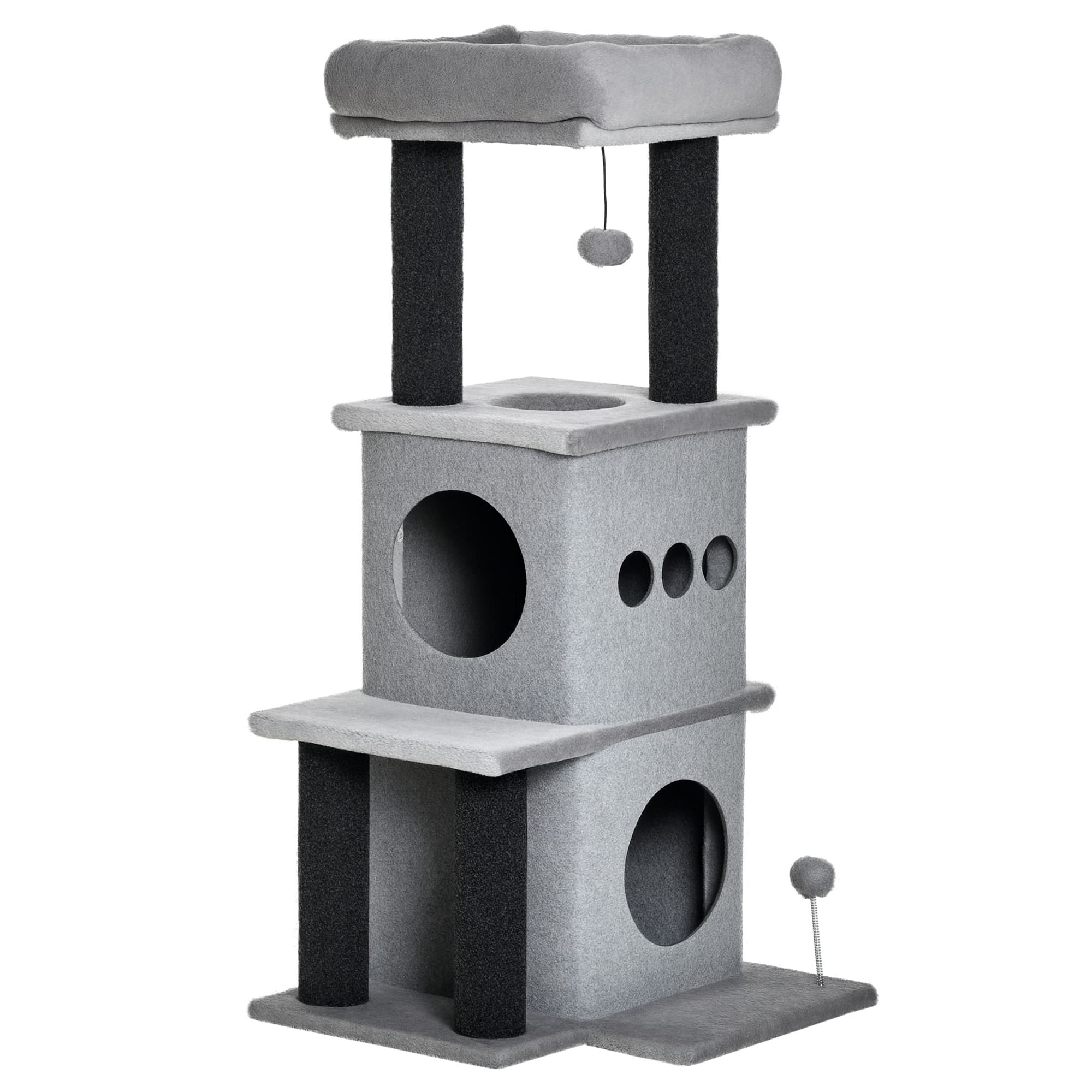 PawHut Arbre à chat griffoir chat 2 grandes niches avec housses amovibles 4 plateformes jeu de boule suspendue et boule à ressort gris Aosom France