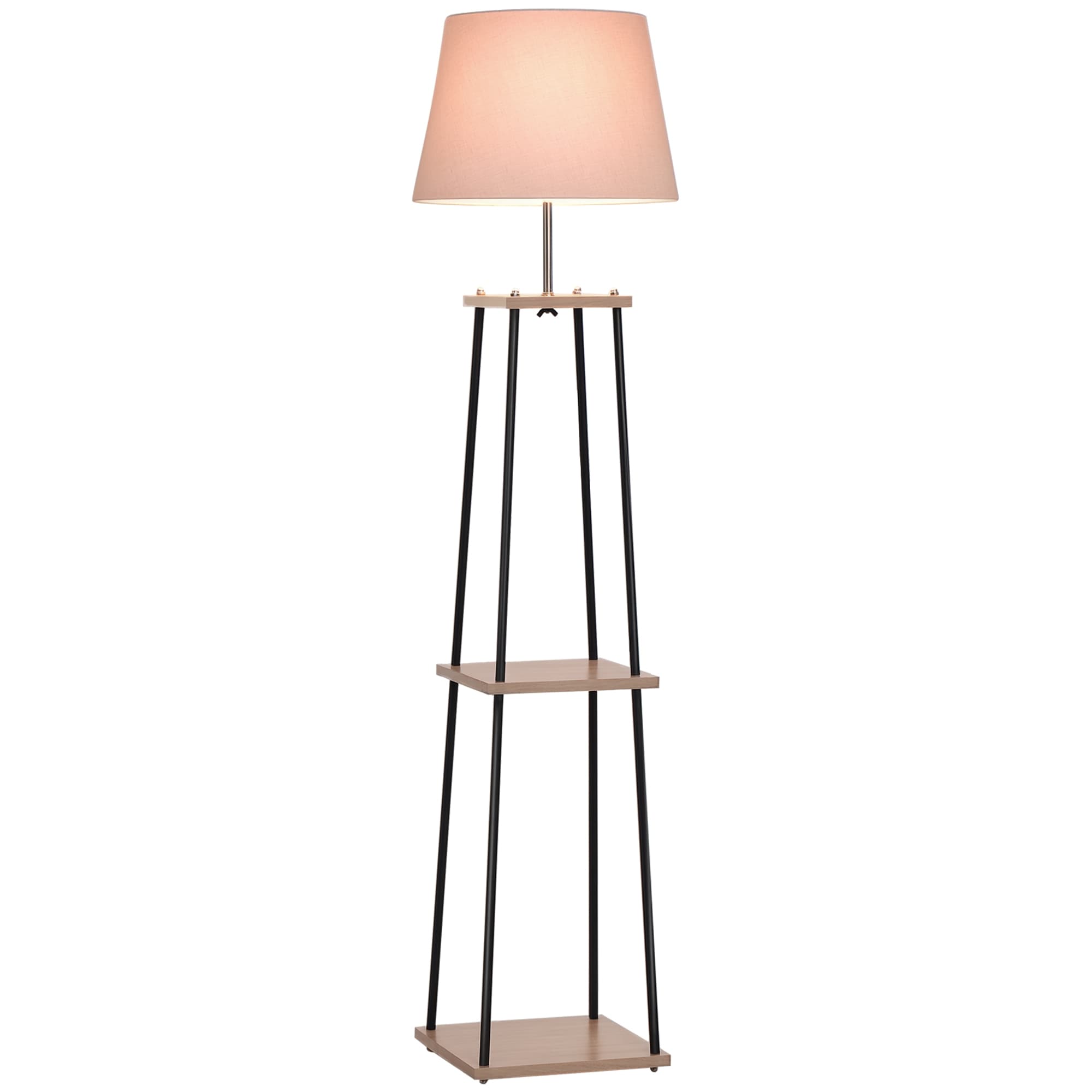 Homcom Lampadaire design contemporain dim. 40L x 40l x 160H cm 40 W max. 3 étagères intégrées bois massif caoutchouc métal noir lin beige