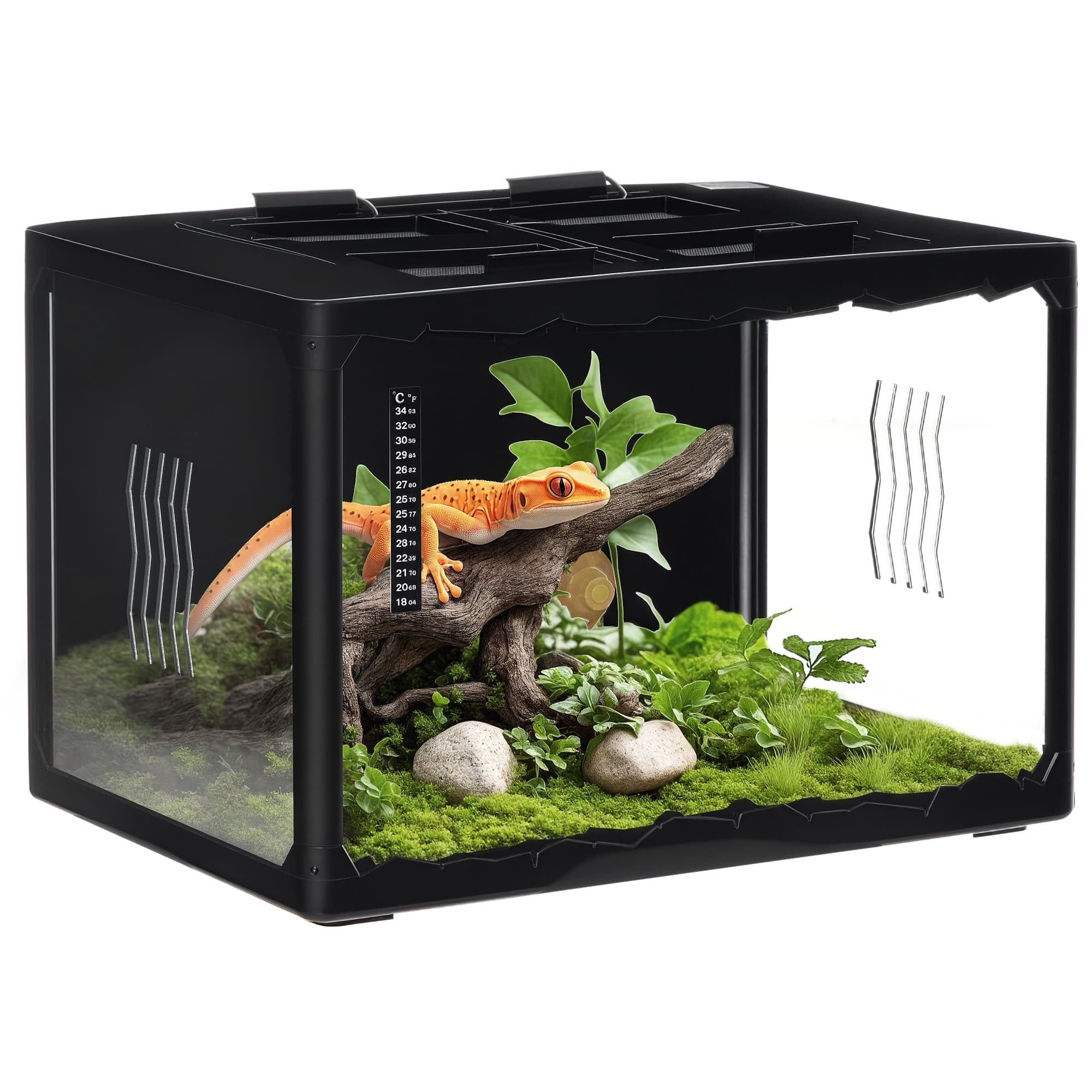 PawHut Terrarium en verre couvercle grillagé 2 parties amovibles distributeur eau thermomètre pincette 2 douilles inclus noir Aosom France