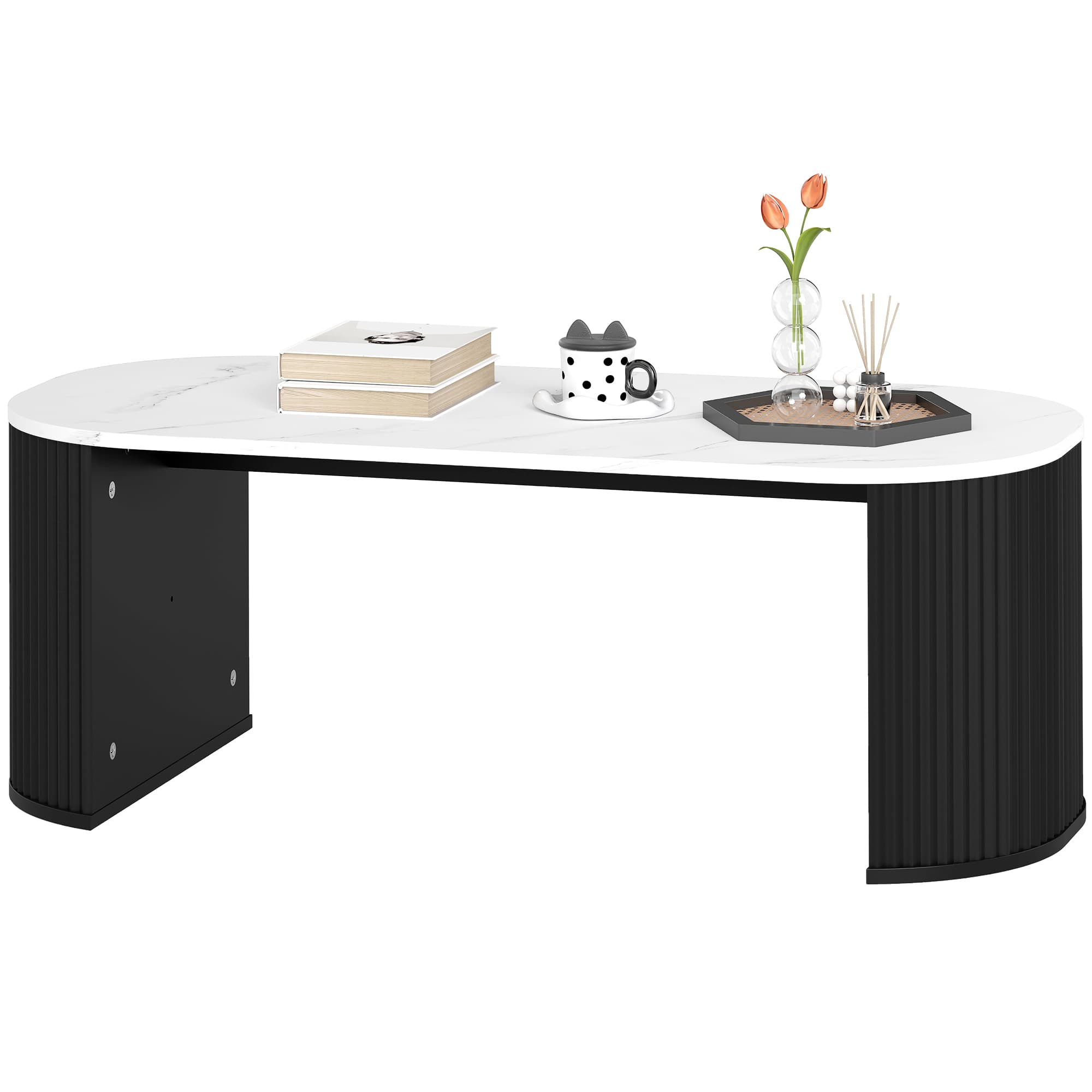 HOMCOM Table basse ovale, table d'appoint aspect effet marbre, coins arrondis pieds épais, 110 x 50 x 40 cm, noir