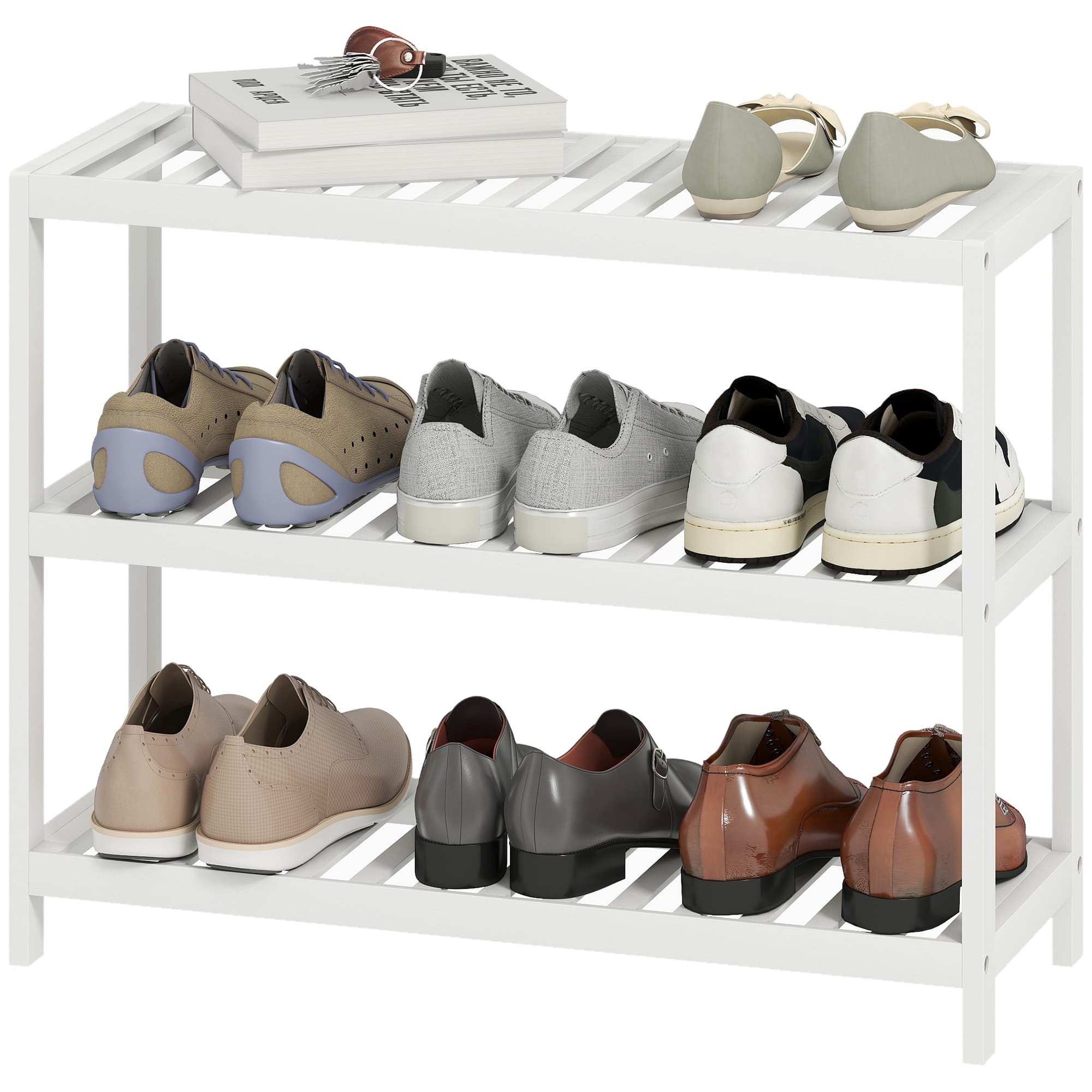 HOMCOM Étagère à chaussures en bambou à 3 niveaux, étagère de rangement, finition laquée, blanc