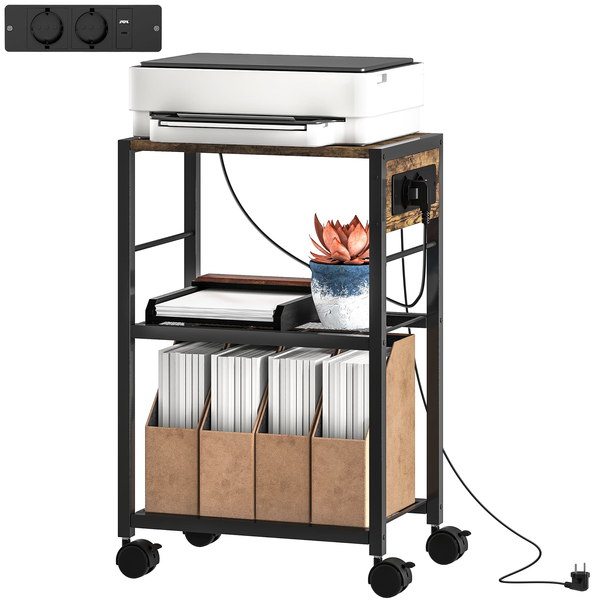 HOMCOM Support d'imprimante étagère d'imprimante avec roulettes, prises de courant, ports USB et USB-C jusqu'à 40 kg Marron rustique
