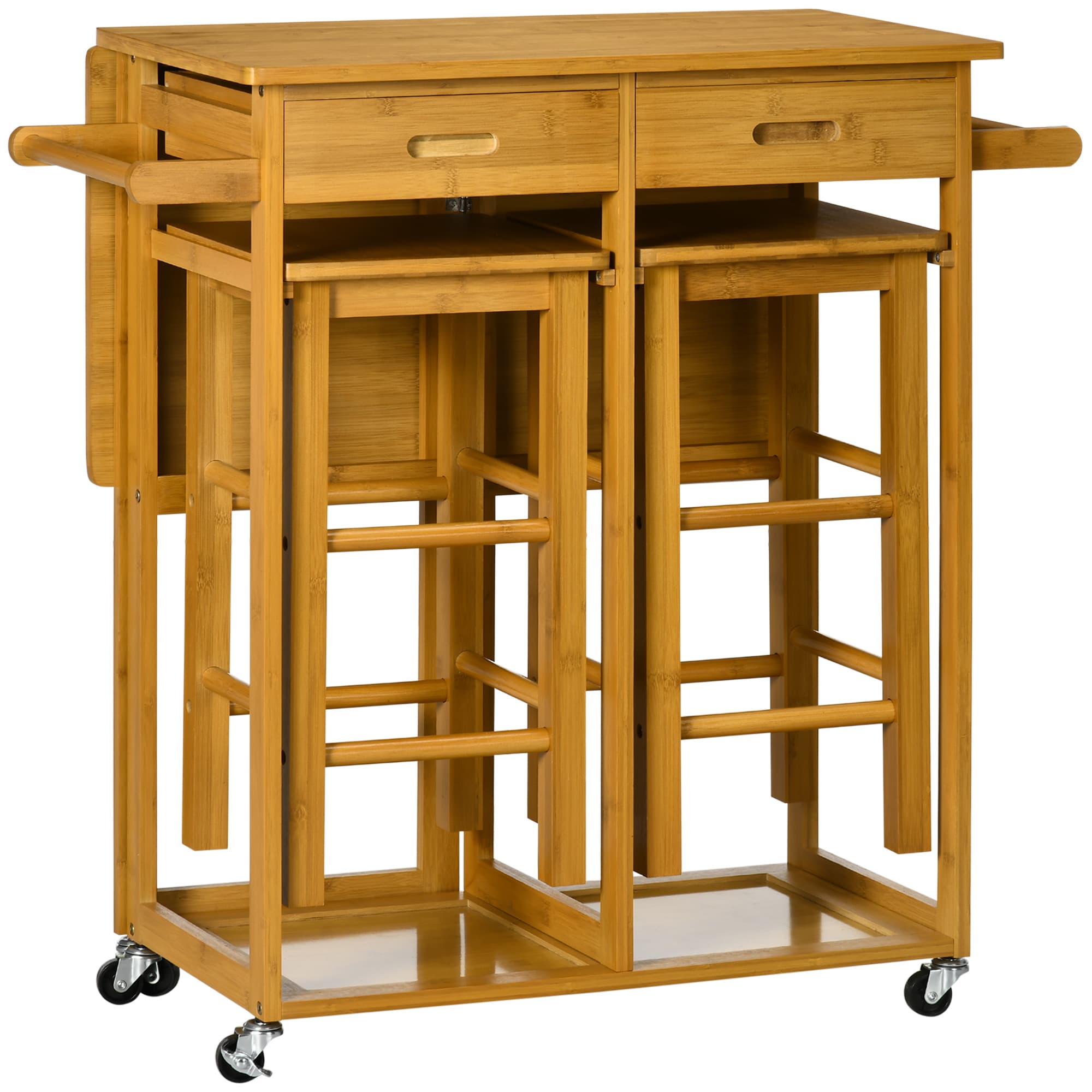 HOMCOM Ensemble Table de Bar Haute et 2 Tabourets avec Roulettes Table Pliante de Cuisine avec Tabourets 82,5x75,5x83,5 cm Marron