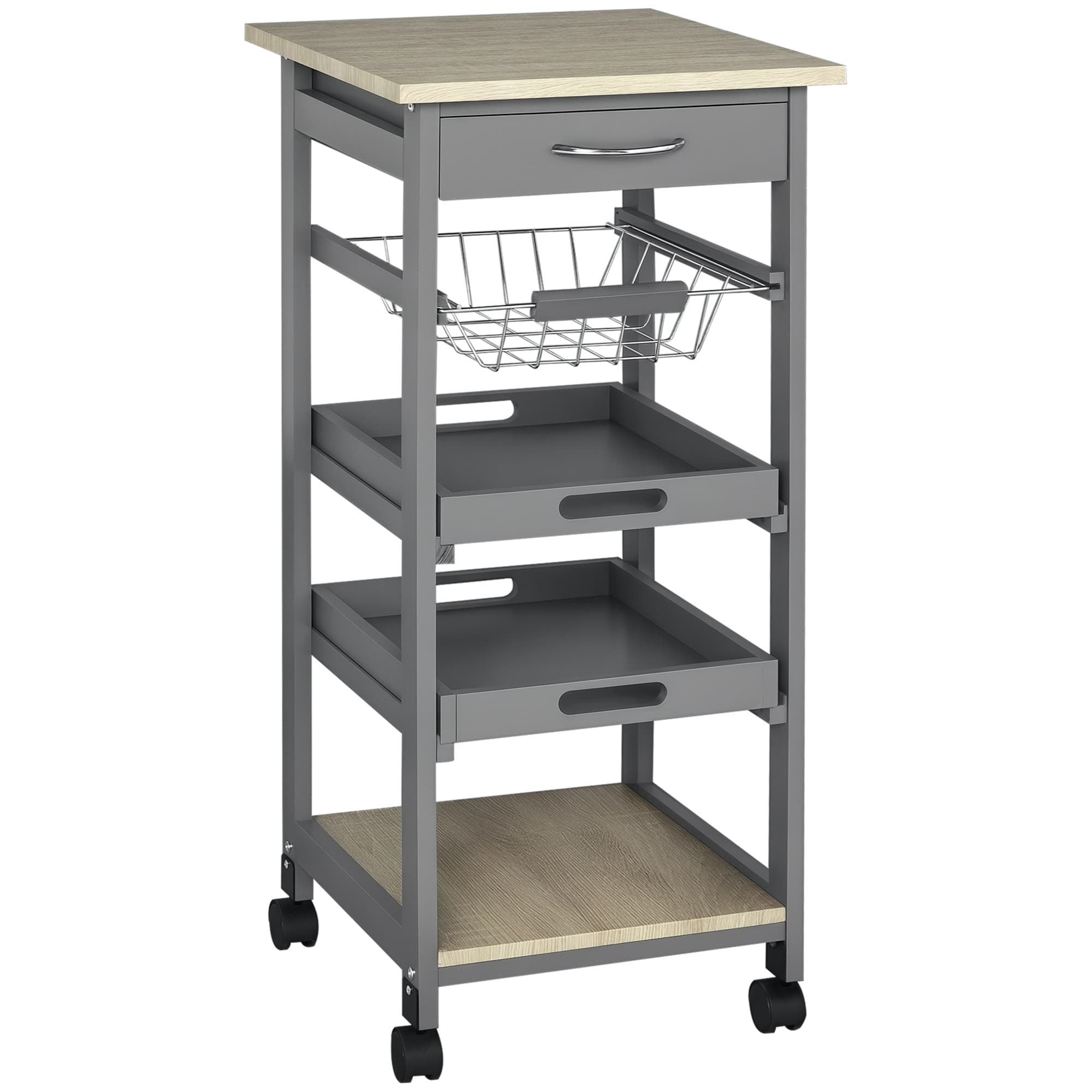 HOMCOM Chariot de service desserte de cuisine à roulettes panier + 2 plateaux amovibles, tiroir, étagère en bois chêne clair