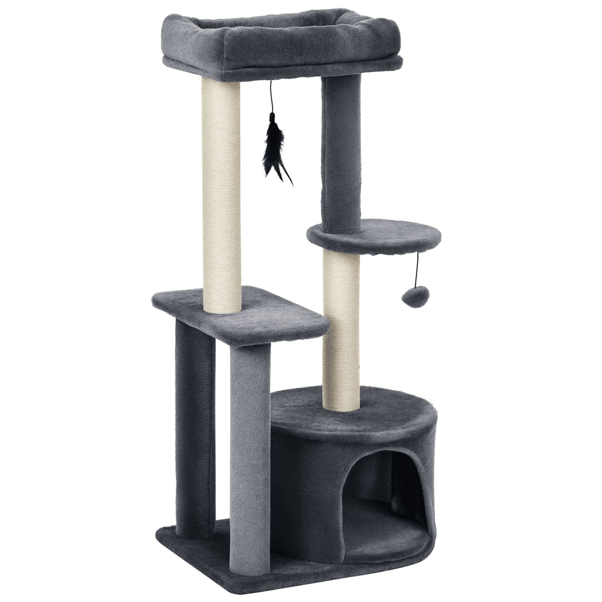 PawHut Arbre à chat Multifonction et design avec Griffoirs Sisal, Niche, Plateformes et 2 Jouets, Gris Aosom France