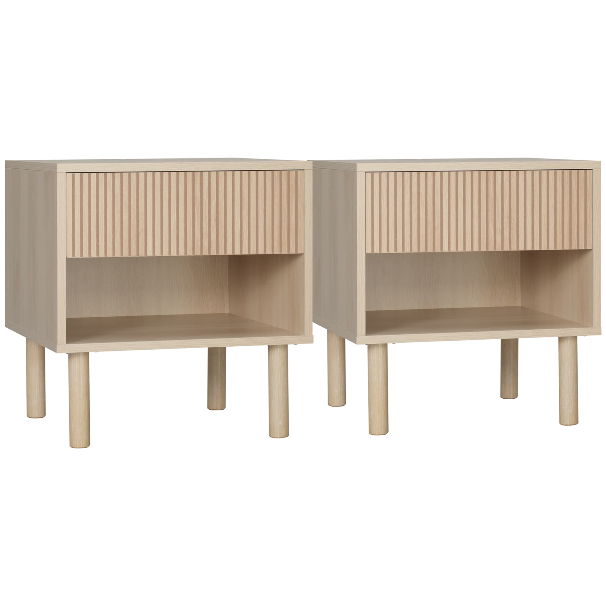 HOMCOM Lot de 2 tables de chevet table de nuit avec tiroirs et niches, style moderne, dim. 47 x 47 x 50 cm, bois naturel
