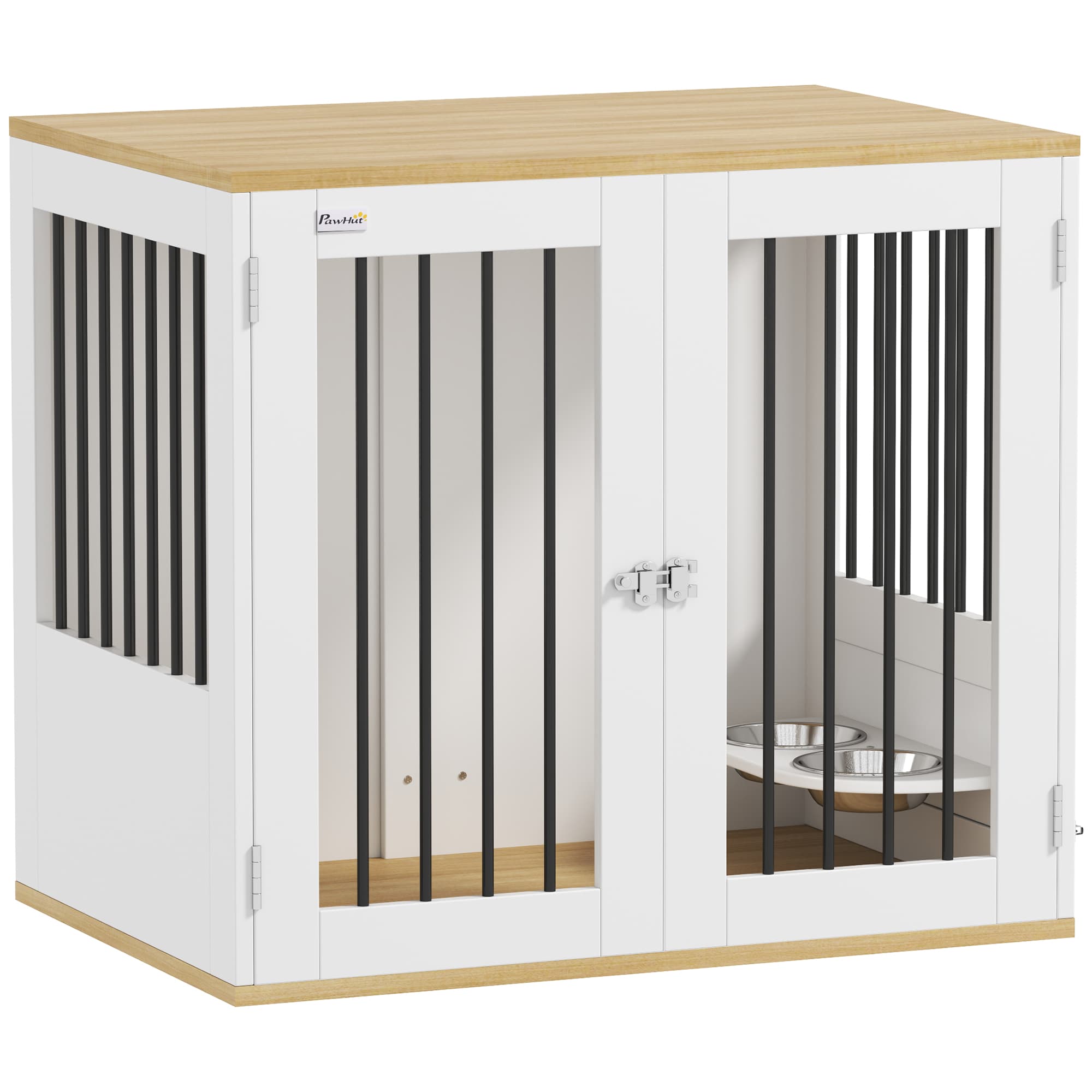 PawHut Cage pour chiens, table d'appoint, gamelles amovibles rotatives à 360° 2 portes pour chien moyenne 80x55x71,5cm blanc