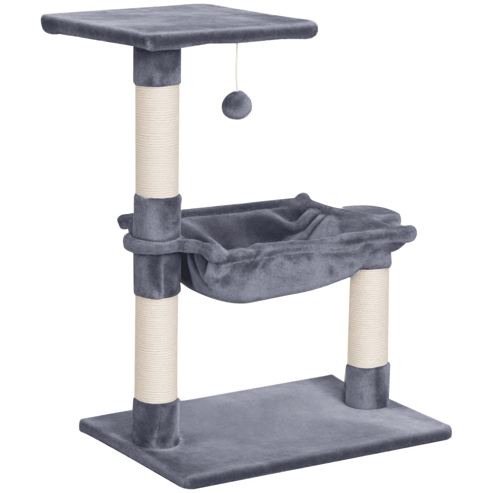 PawHut Design Arbre à chat Gris avec 3 Griffoirs, Plateforme, Hamac et Boule Suspendue 50x36x70 cm, Peluche courte Aosom France