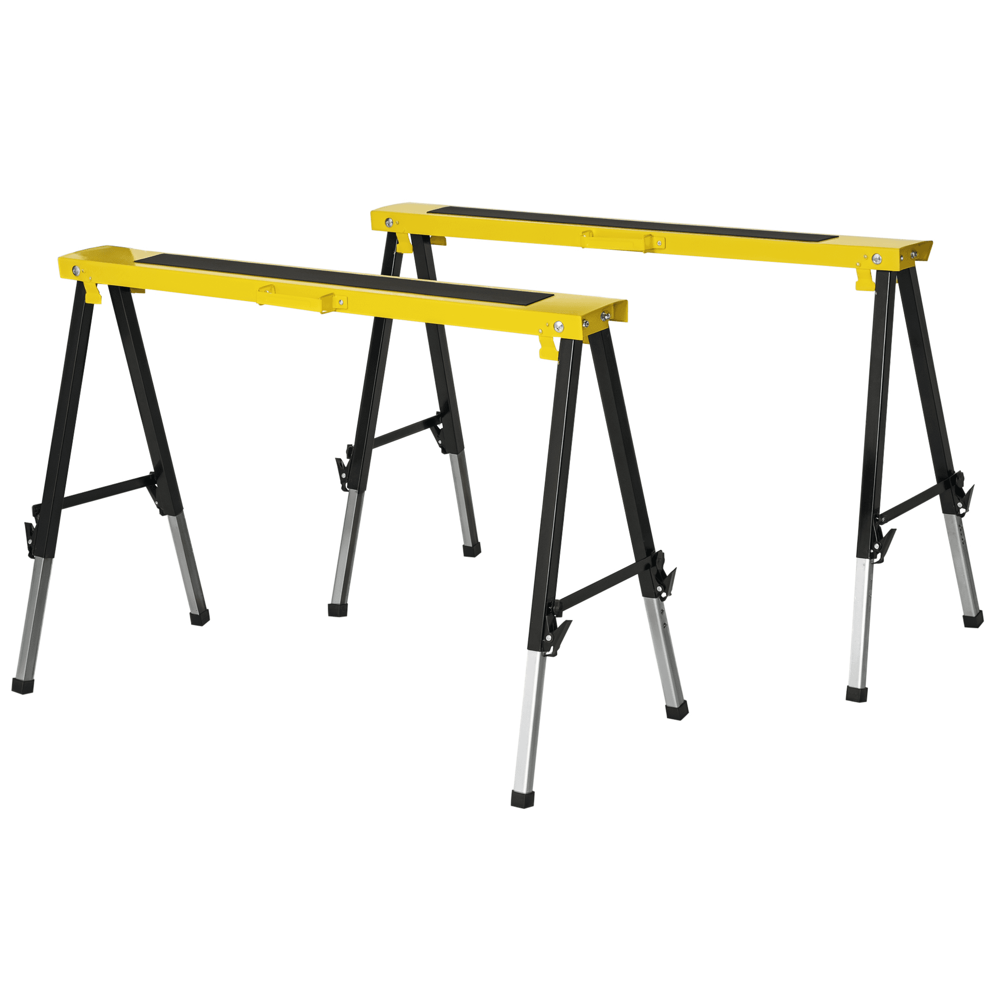 DURHAND Lot de 2 tréteaux pliables télescopiques réglable en hauteur poignée transport dim. 100L x 60l x 62-90H cm métal noir jaune