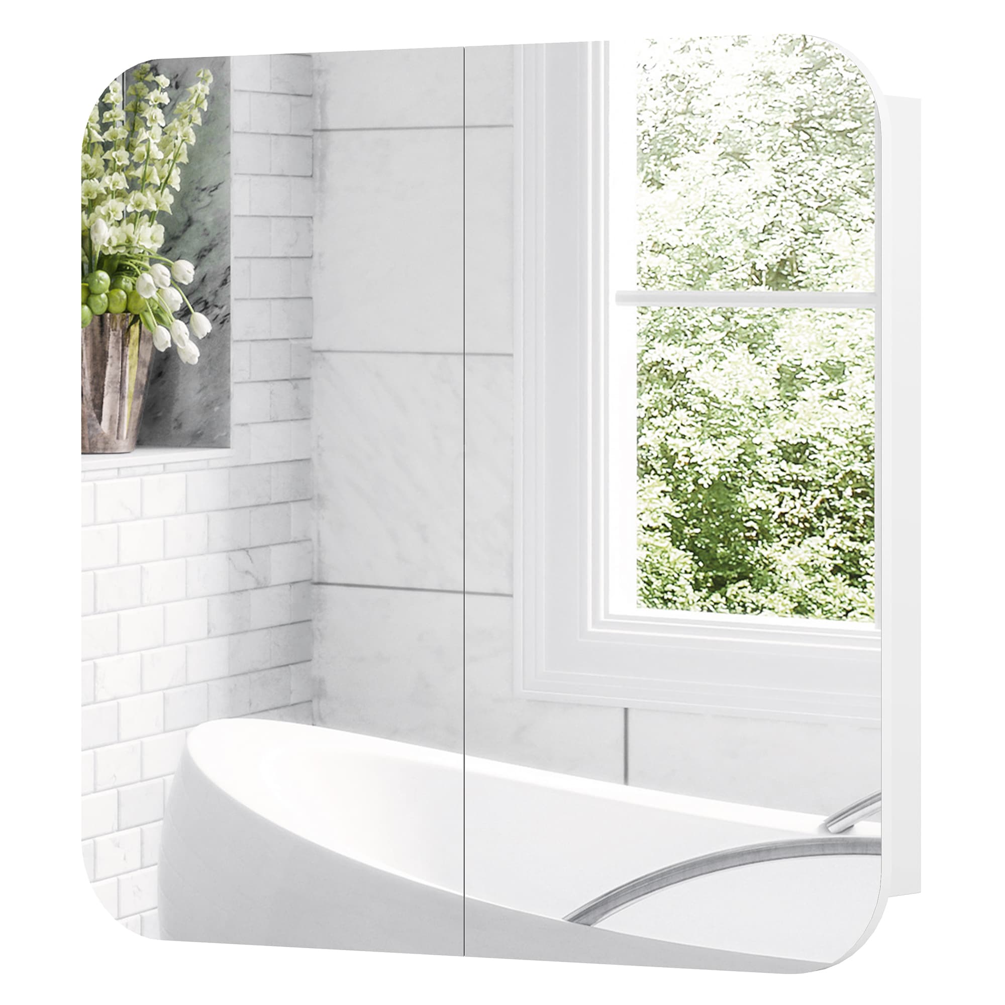 HOMCOM Armoire murale salle de bain avec miroir arqué meuble salle de bain étagère réglable portes miroir 68 x 13 x 66 cm blanc