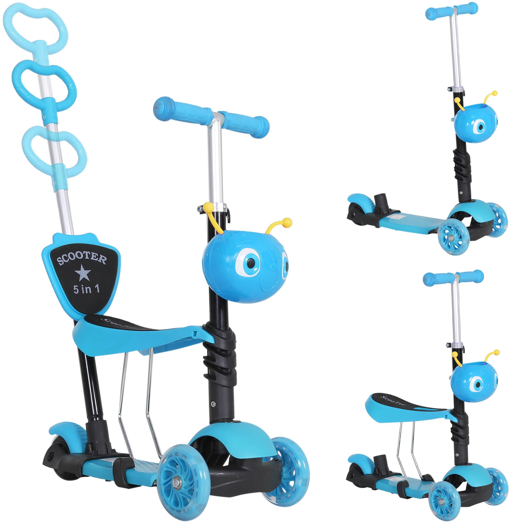 HOMCOM Trottinette pour enfants trottinette 3 roues évolutive 3 en 1 hauteur guidon réglable canne telescopique selle dossier amovible bleu