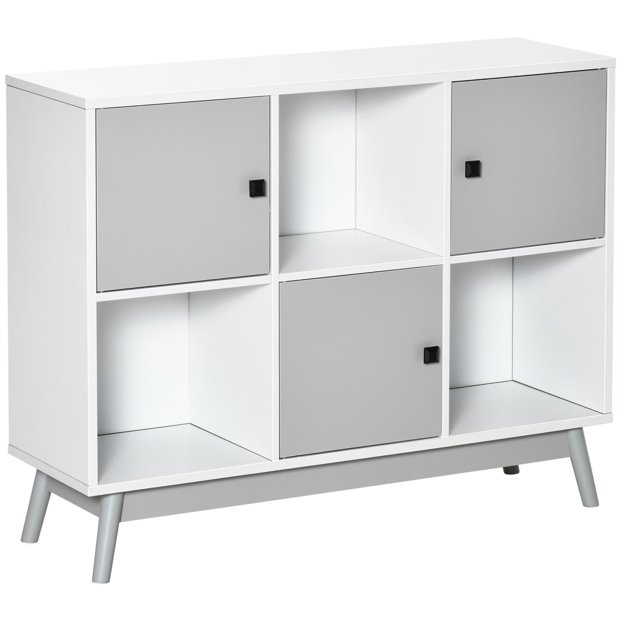 HOMCOM Buffet, meuble de rangement avec 3 portes et 3 compartiments ouverts, pieds en bois de pin, 96x30x75cm, blanc et gris