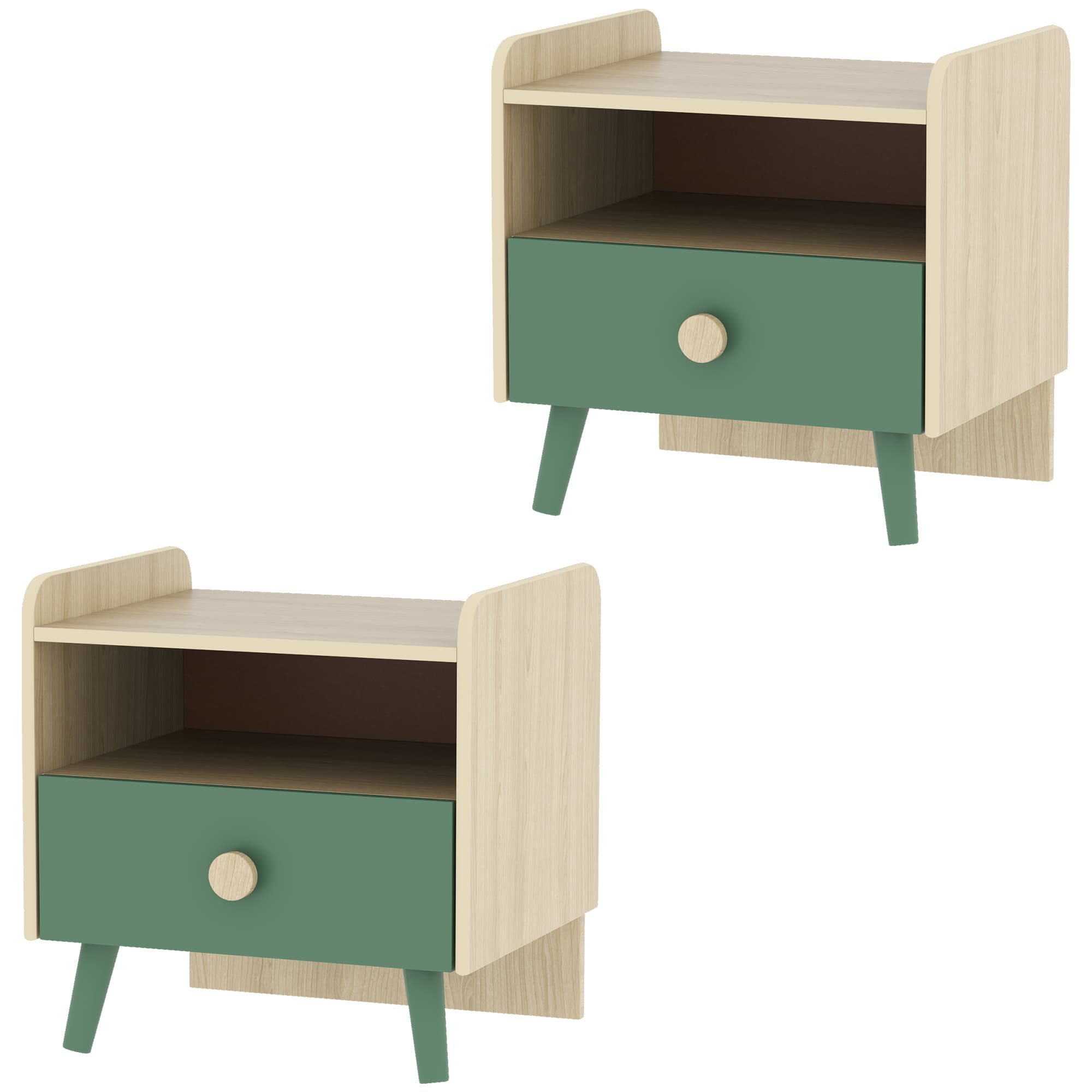 Lot de 2 tables de chevet enfant, tables de nuit enfant avec tiroir et niche, pour chambre d'enfant, 40x32,5x40cm, vert