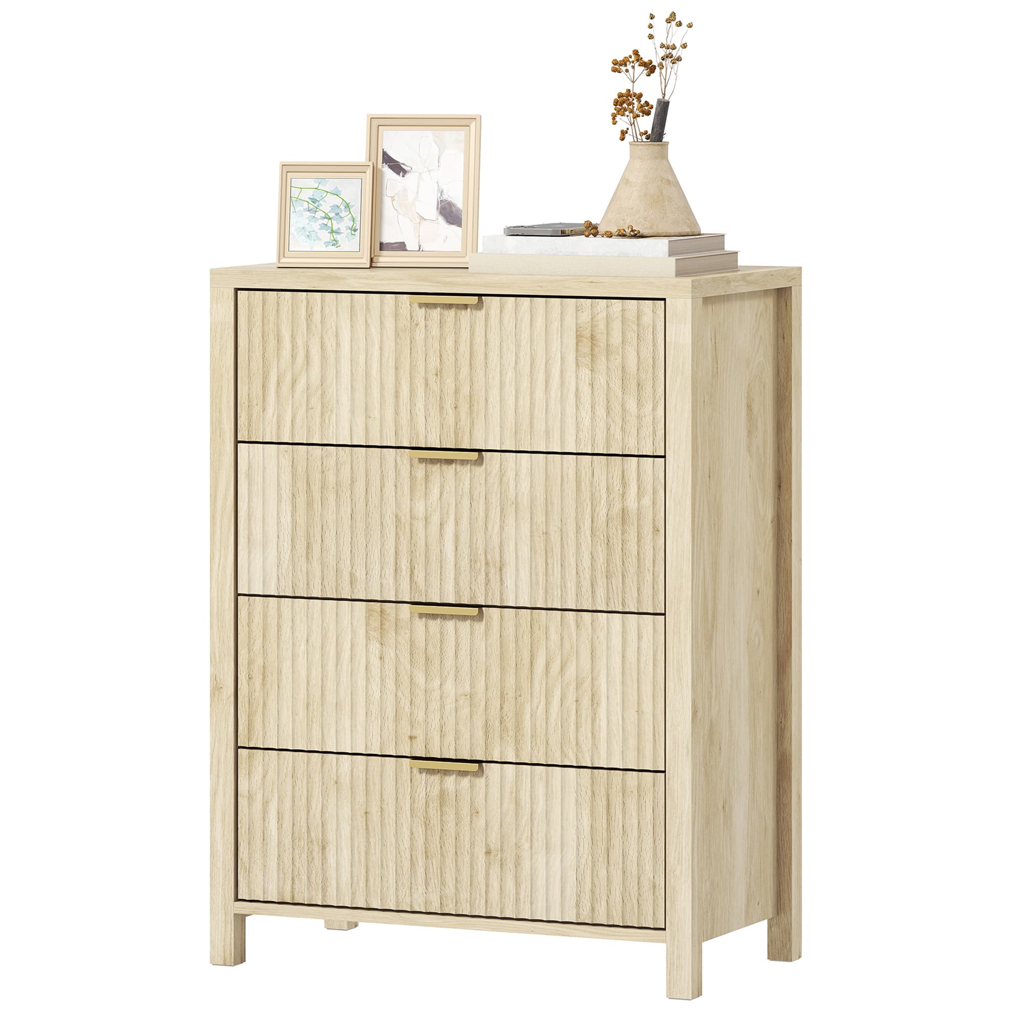 HOMCOM Commode avec 4 Tiroirs Rainurés et Poignées Dorées, 70x38x93 cm, Bois Naturel