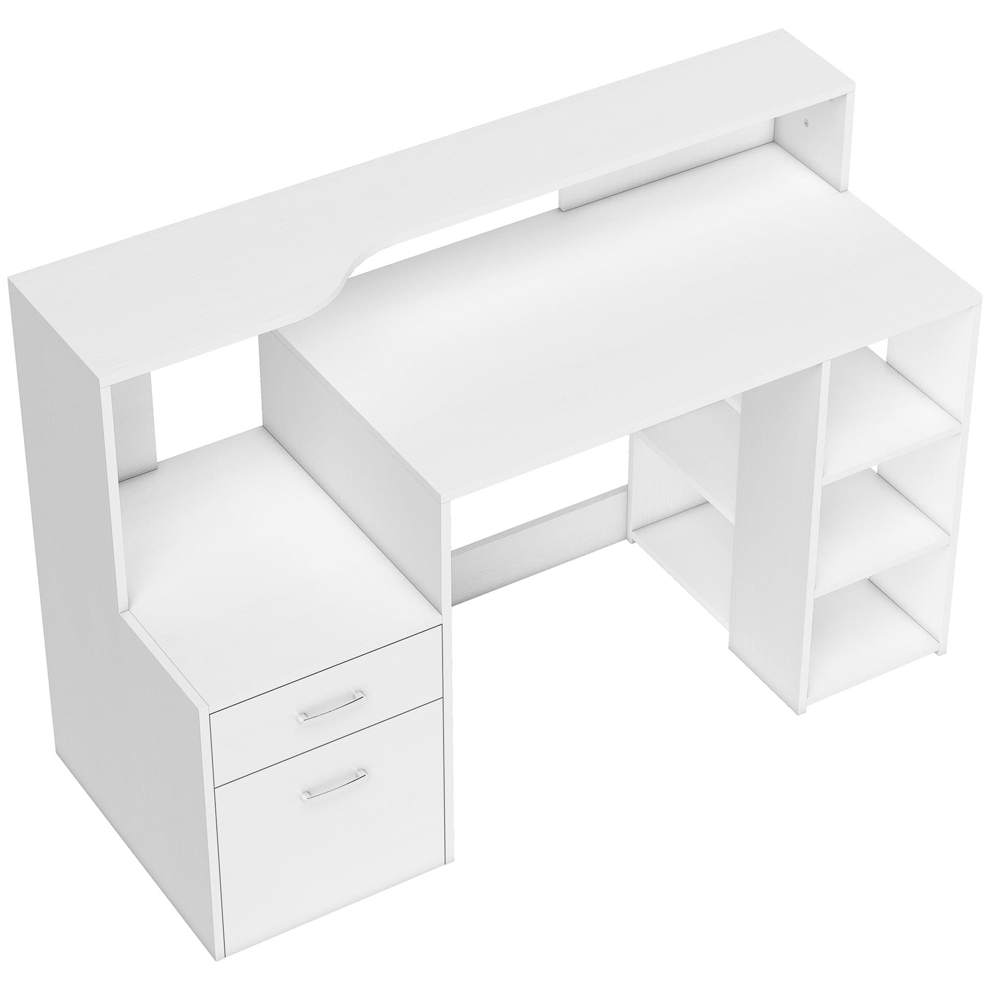 HOMCOM Bureau informatique, bureau avec rangement, 2 tiroirs, étagères ouvertes et tablette d'imprimante, 137x55x92cm, blanc