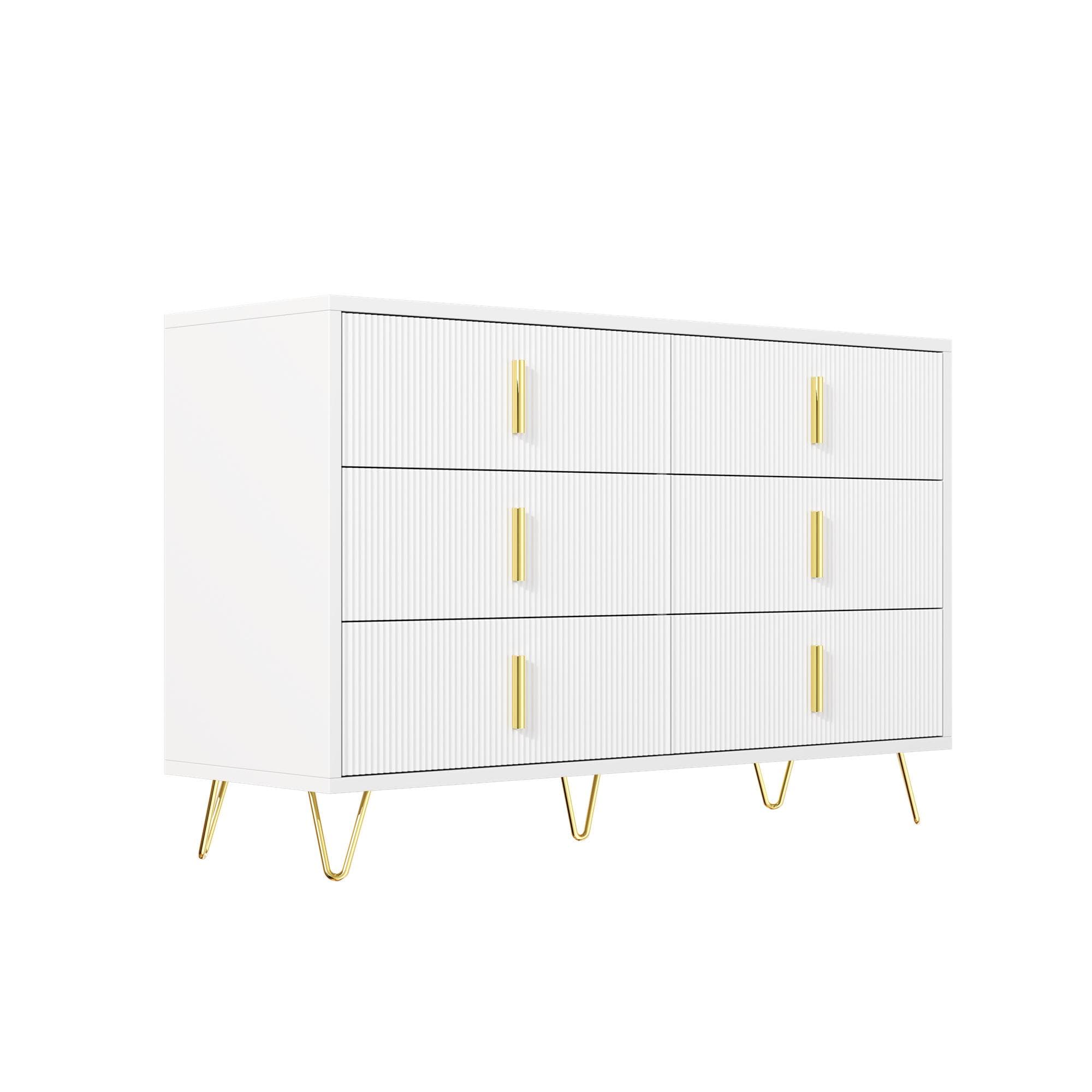 Commode 6 tiroirs, Buffet moderne avec poignées et pieds dorés, texture ondulée, 120x40x77 cm, Blanc+Or Aosom France