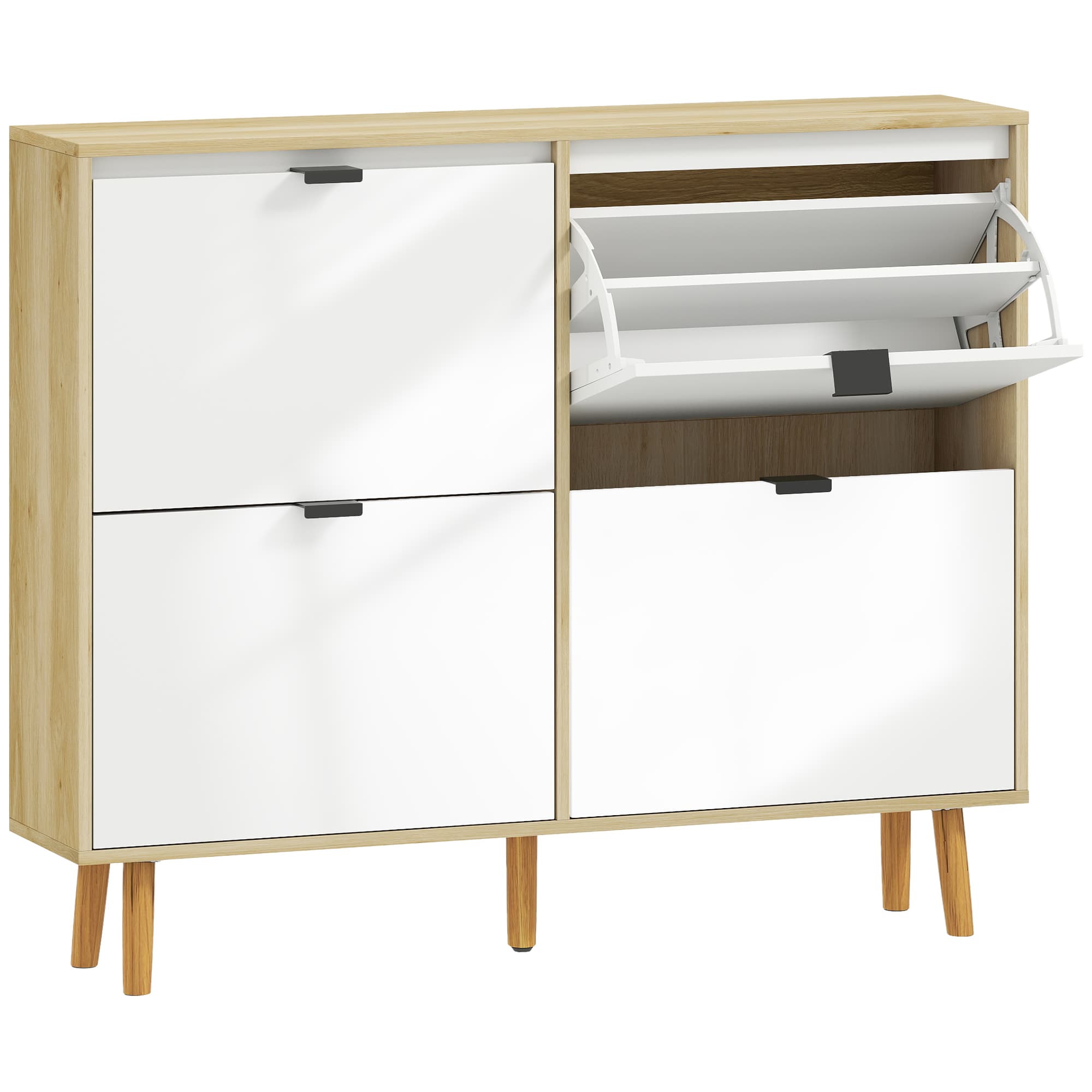 HOMCOM Meuble à chaussures, armoire à chaussures étroite, 4 tiroirs rabattables, porte haute brillante, 105x24x92,5cm, blanc