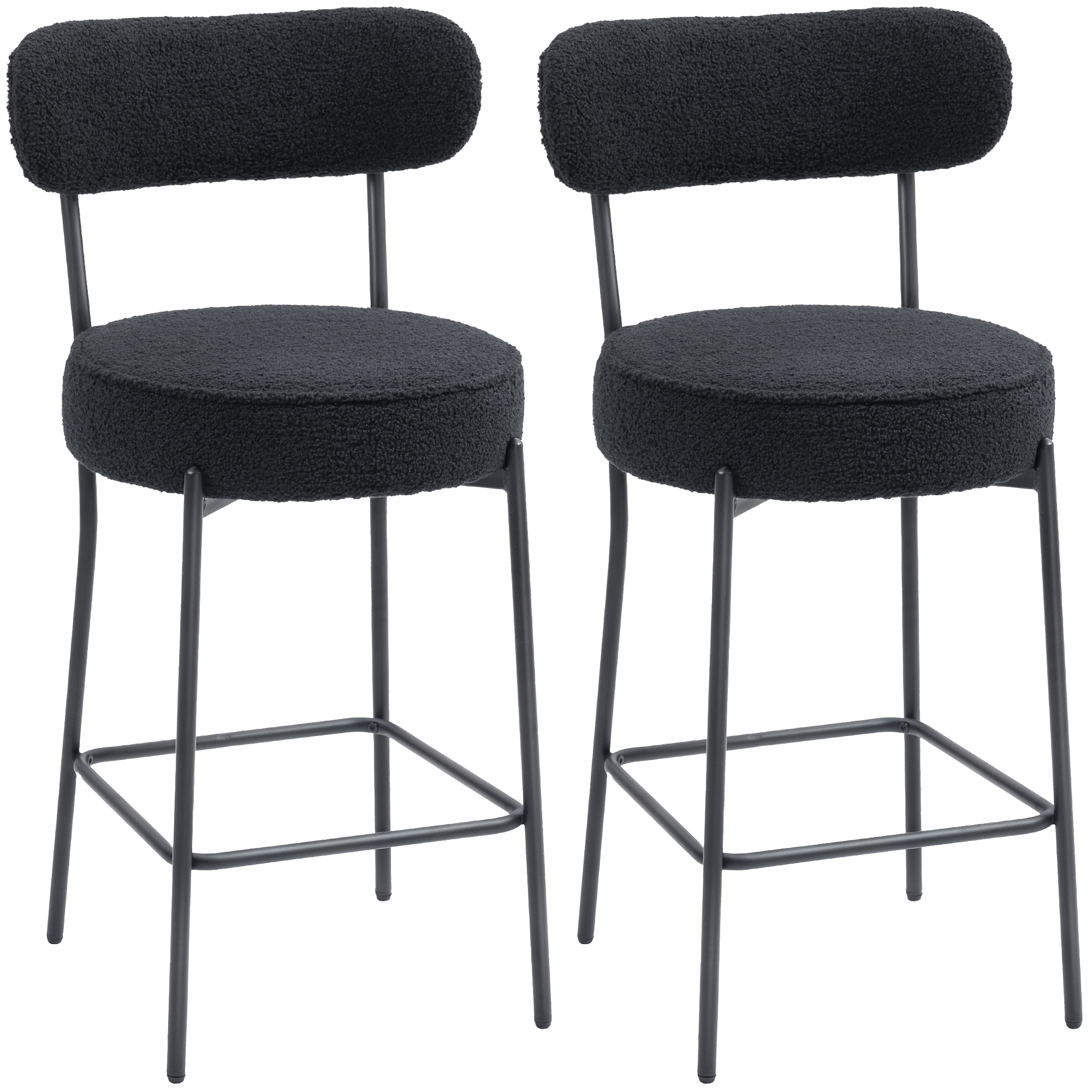 HOMCOM Lot de 2 tabourets de bar en tissu bouclette, chaises de bar avec dossier courbé, repose-pieds, 49x52x95cm, noir