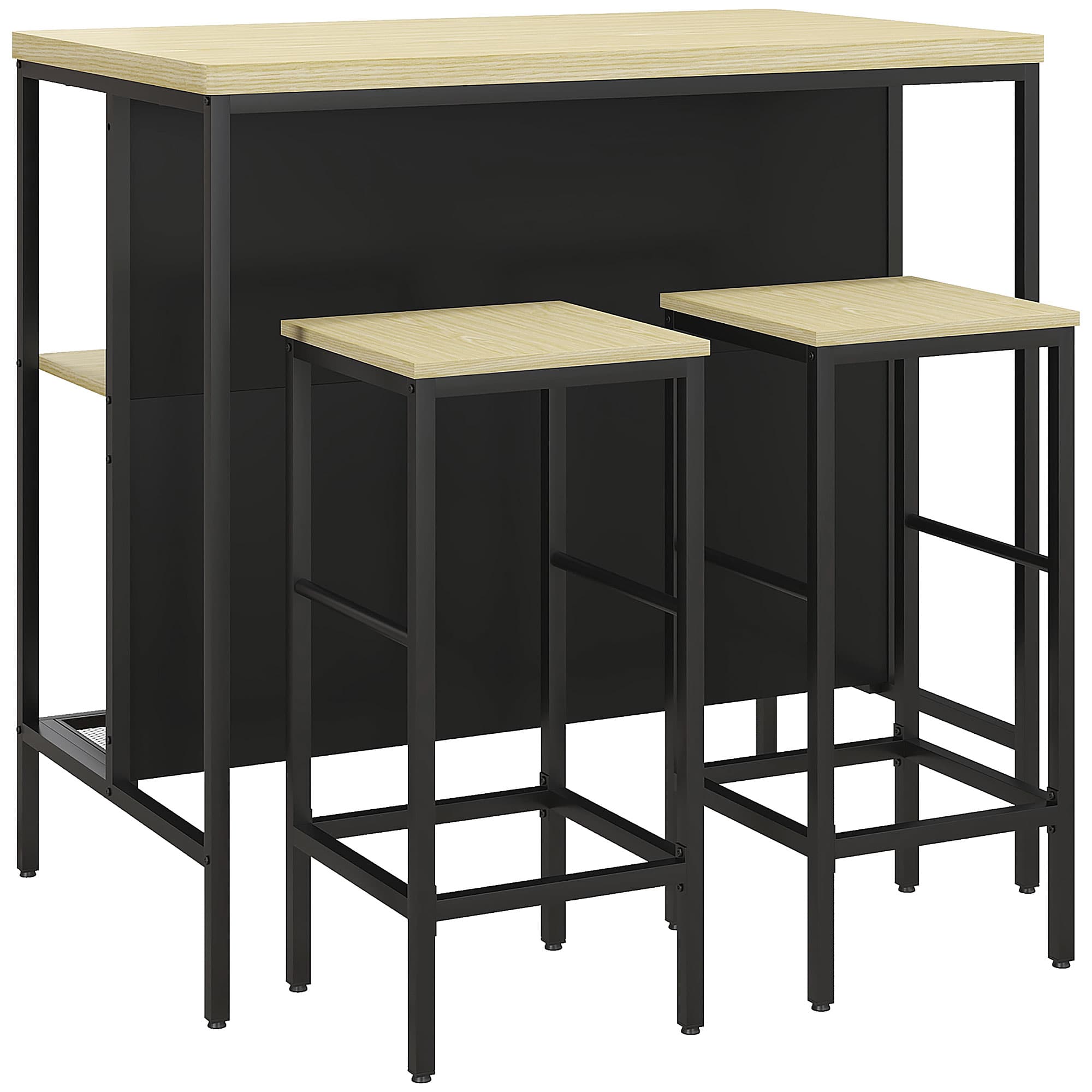 HOMCOM Ensemble table de bar et 2 tabourets style industriel avec étagère de rangement, repose-pieds, métal noir et aspect bois