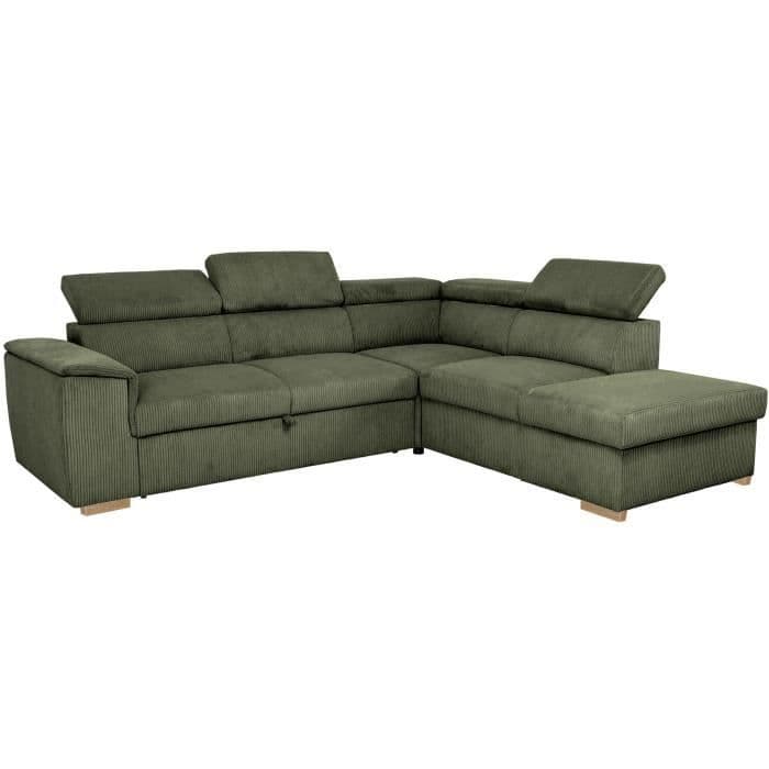 Canapé d'angle convertible réversible - 5 places - DAYTONA - Velours Kaki - Coffre de rangement - L260 x H94 x P216 cm
