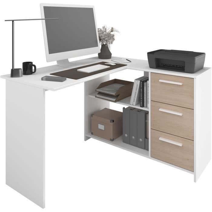 PARISOT Bureau d'angle 3 tiroirs - Décor Blanc / Chene - 121,2 x 74,5 x 111 cm - ESSENTIEL