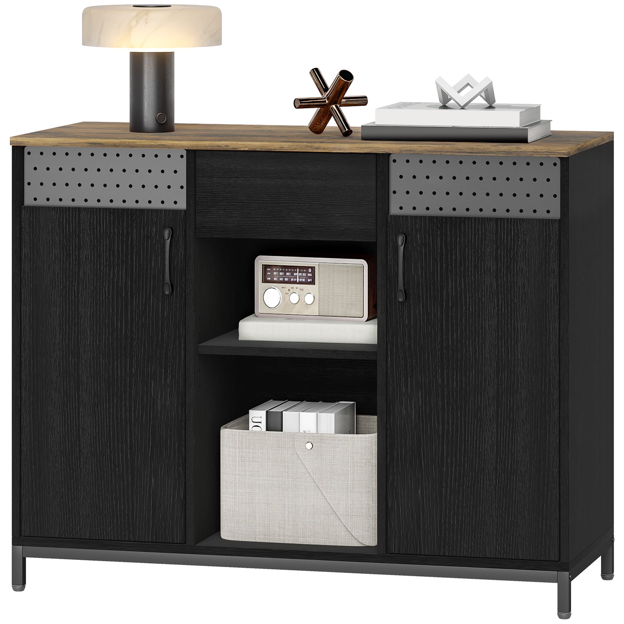 HOMCOM Buffet 2 Portes avec Perforations 2 Compartiments et Tiroir Étagères Ajustables 100x40x80 cm Noir et Marron Rustique
