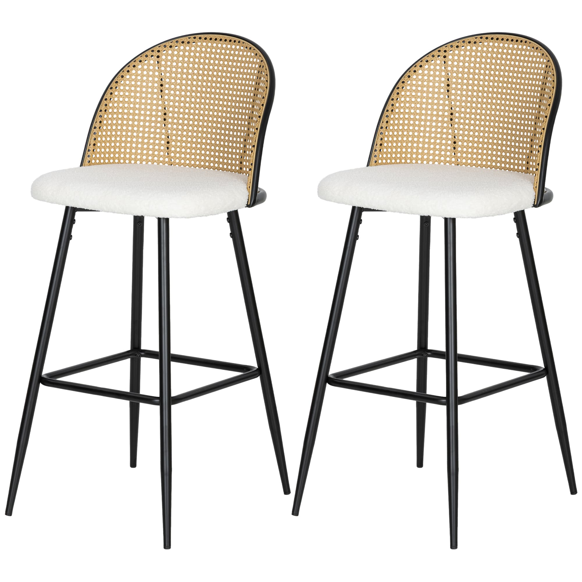 HOMCOM Lot de 2 Tabourets de Bar avec Dossier en Rotin Assise Rembourrée en Peau de Mouton Structure en Acier et Repose-Pieds Crème