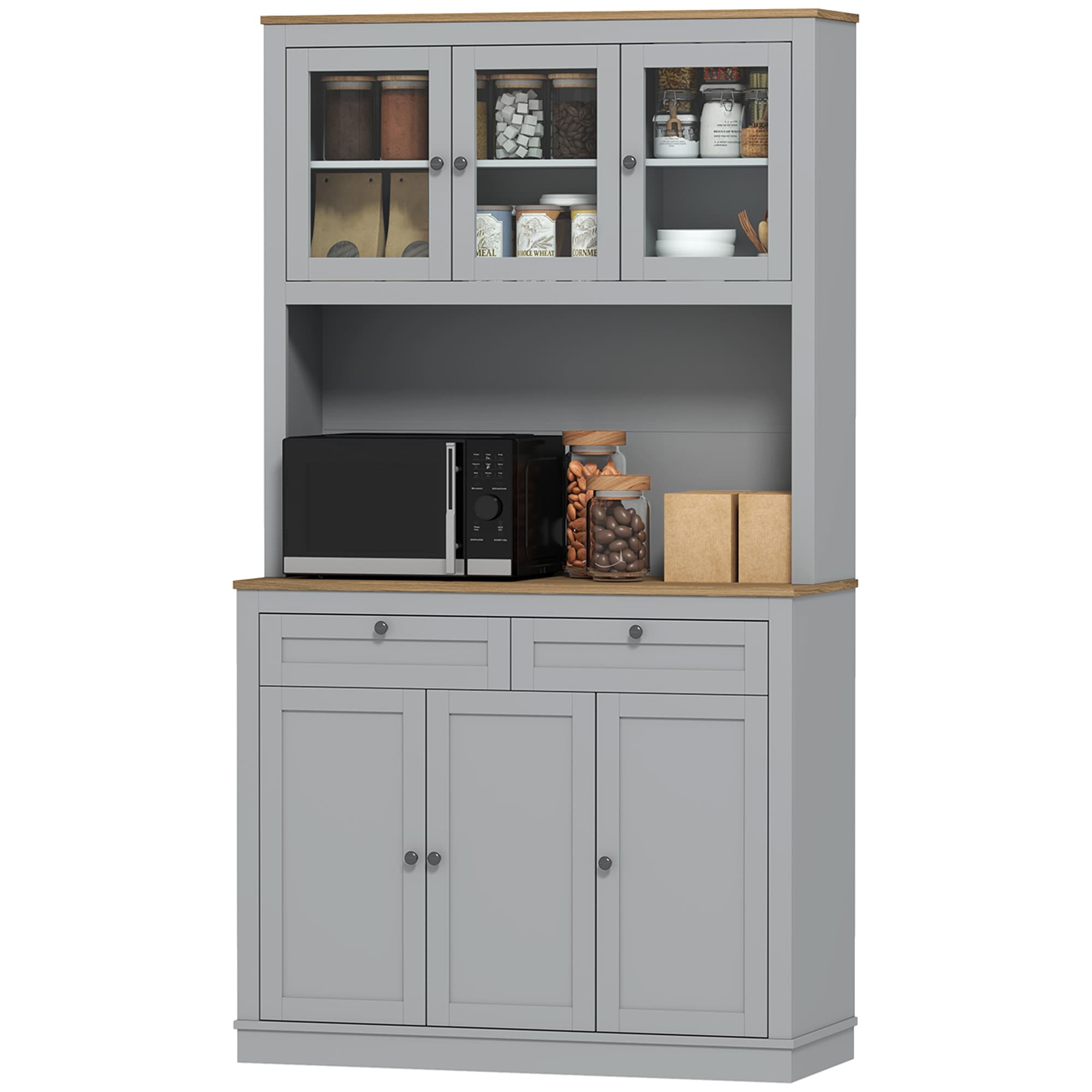 HOMCOM Armoire de Cuisine avec 3 Portes en Verre Compartiment Ouvert 2 Tiroirs et Étagères Ajustables 100x40x180 cm Gris