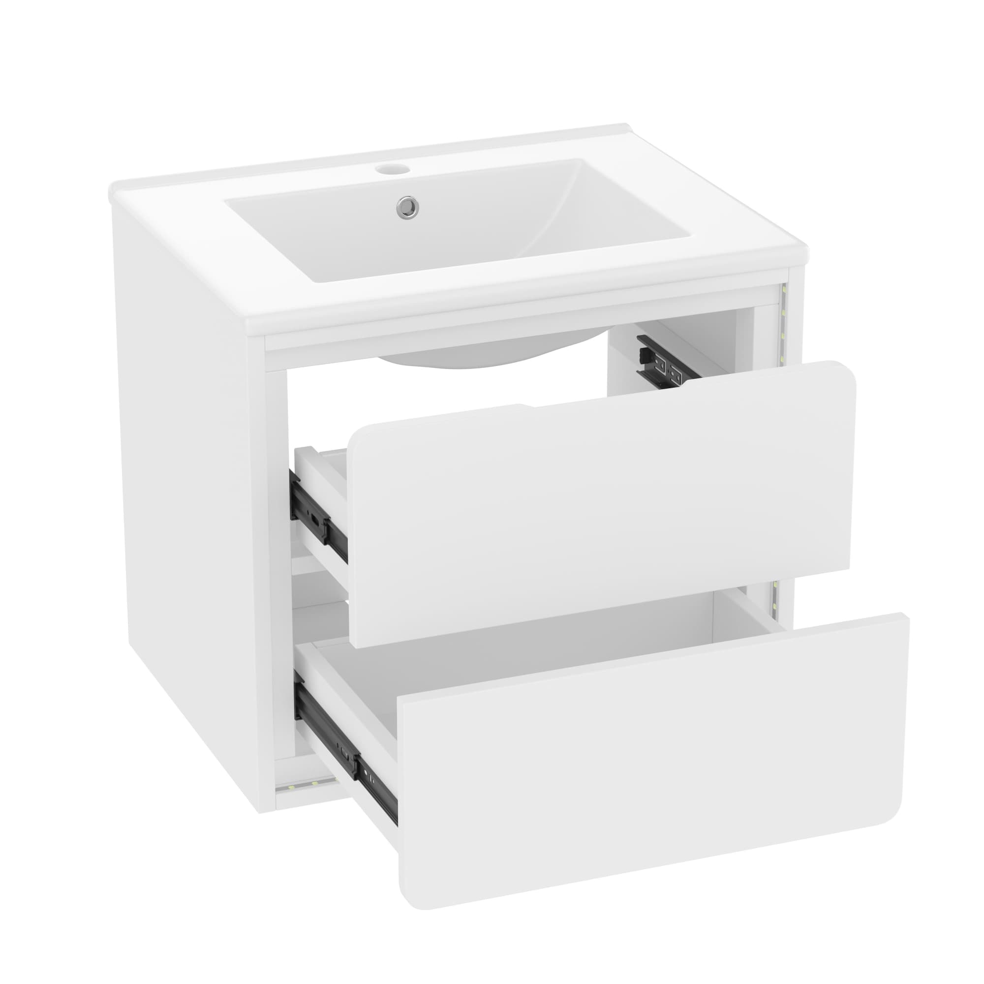 Armoire de salle de bain murale avec éclairage LED à capteur radar, deux tiroirs et lavabo en céramique intégré, 60x46x50 cm, Blanc