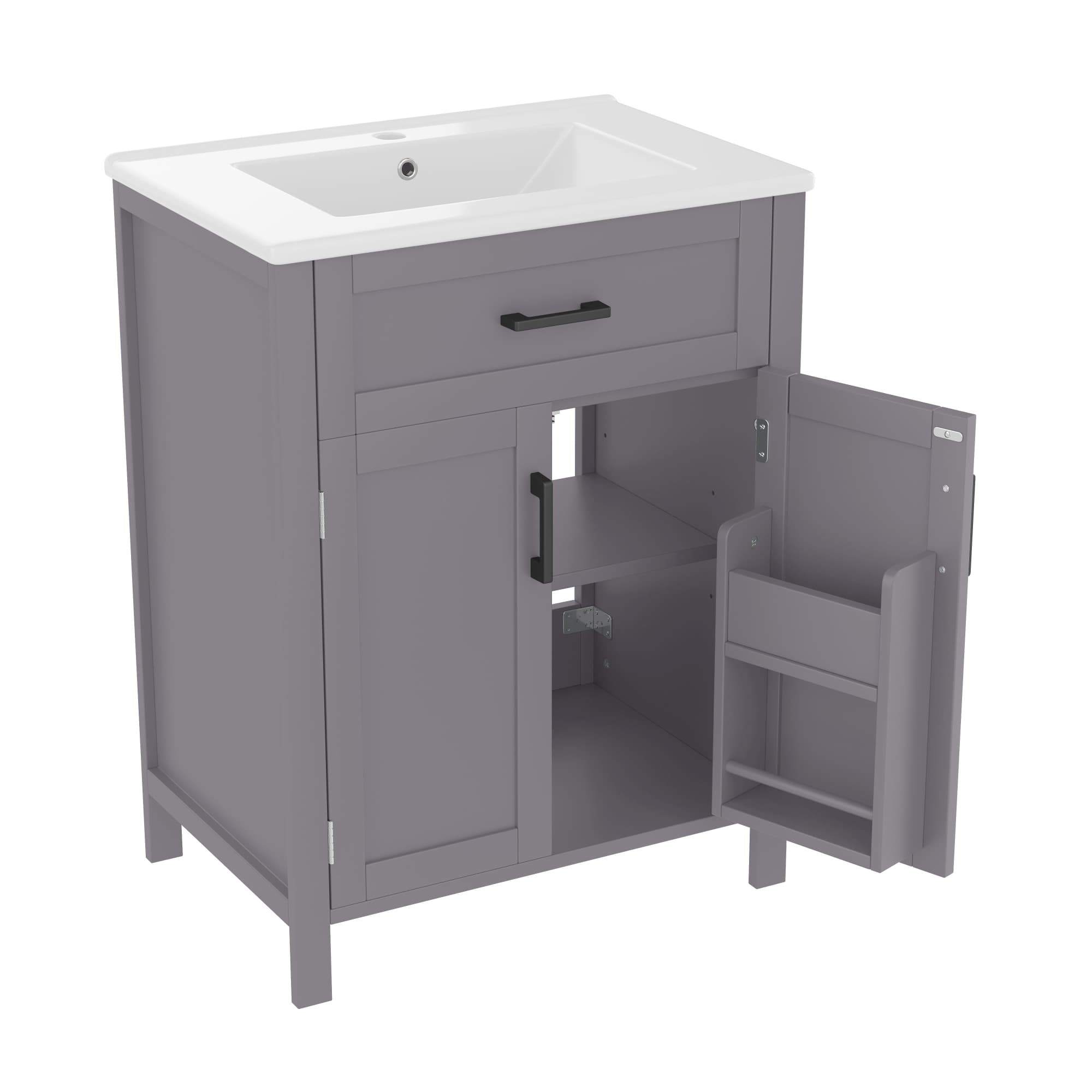 Armoire de salle de bain autoportante avec lavabo, étagères à double porte, tiroirs pratiques, étagères réglables, 60x46x84,8 cm, Gris