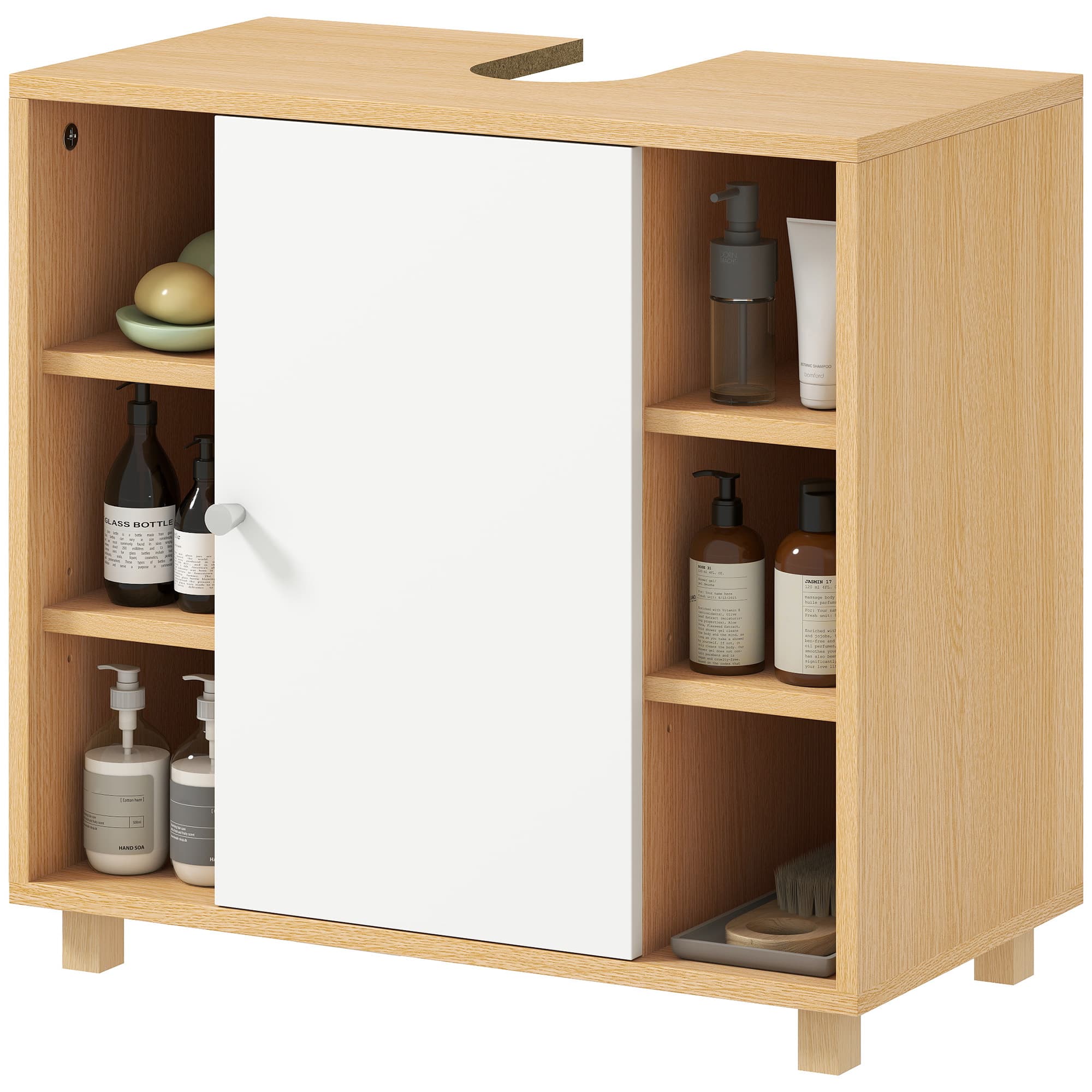 HOMCOM Meuble sous-vasque 2 portes à fermeture douce et 6 étagères — 60×33×57 cm, blanc/bois