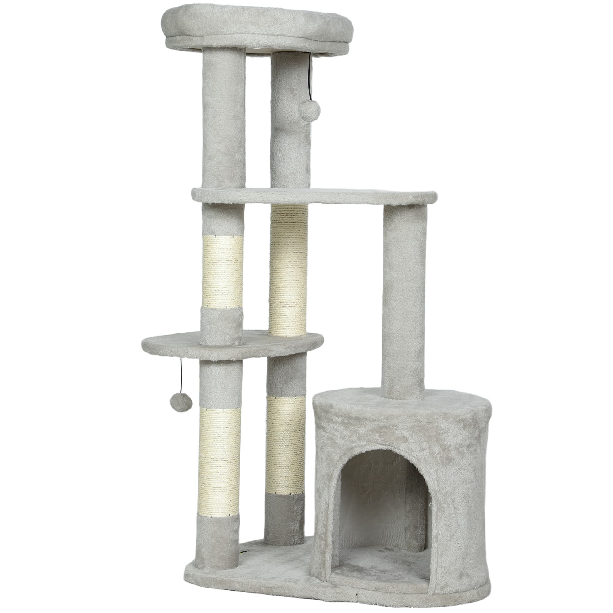 PawHut Arbre à chat 114 cm, tour avec cabane, poteaux en sisal, plateformes, multi-étages pour chats moyens jusqu'à 6 kg, Gris clair