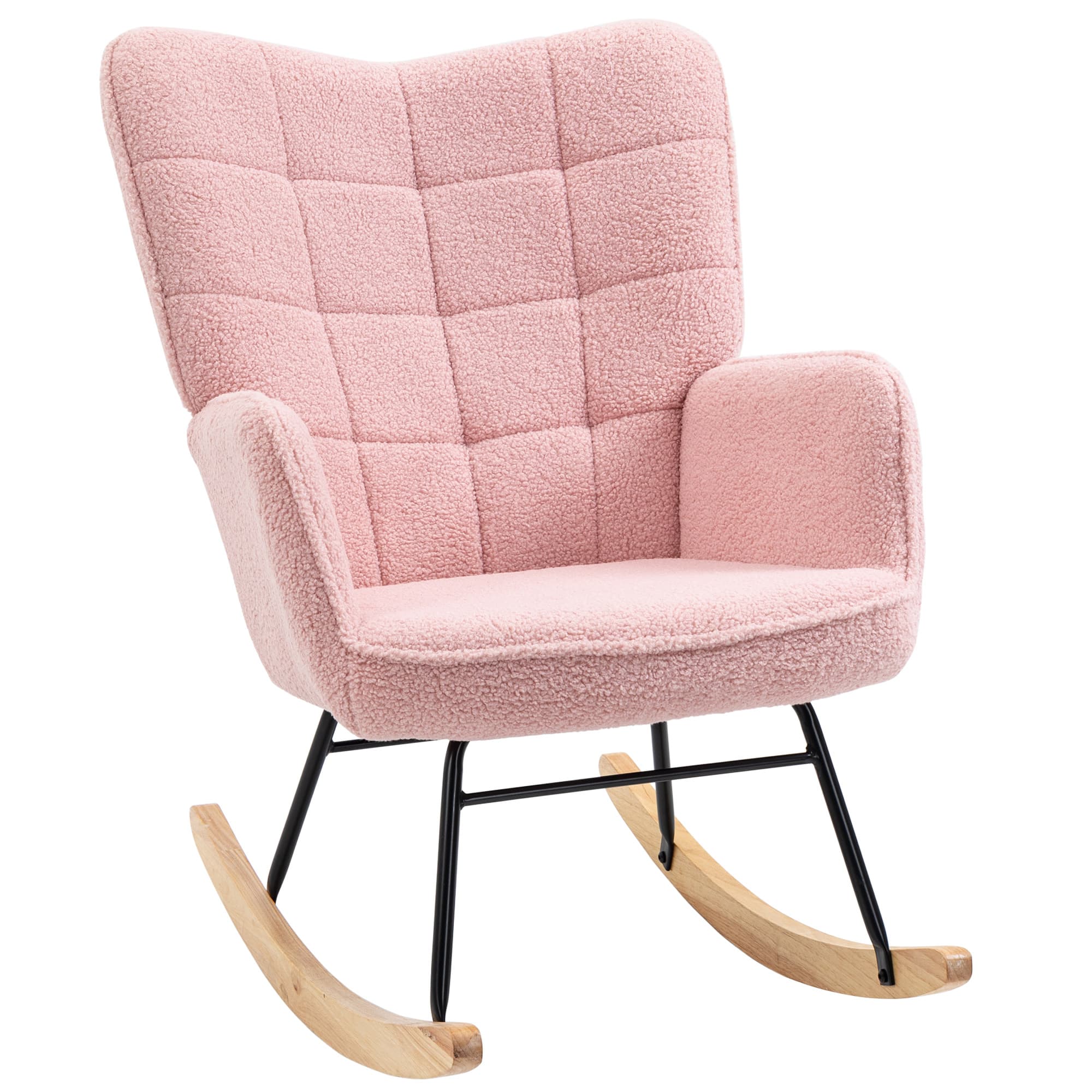 HOMCOM Fauteuil à bascule rocking chair revêtement bouclette structure en acier 71 x 98 x 101 cm rose