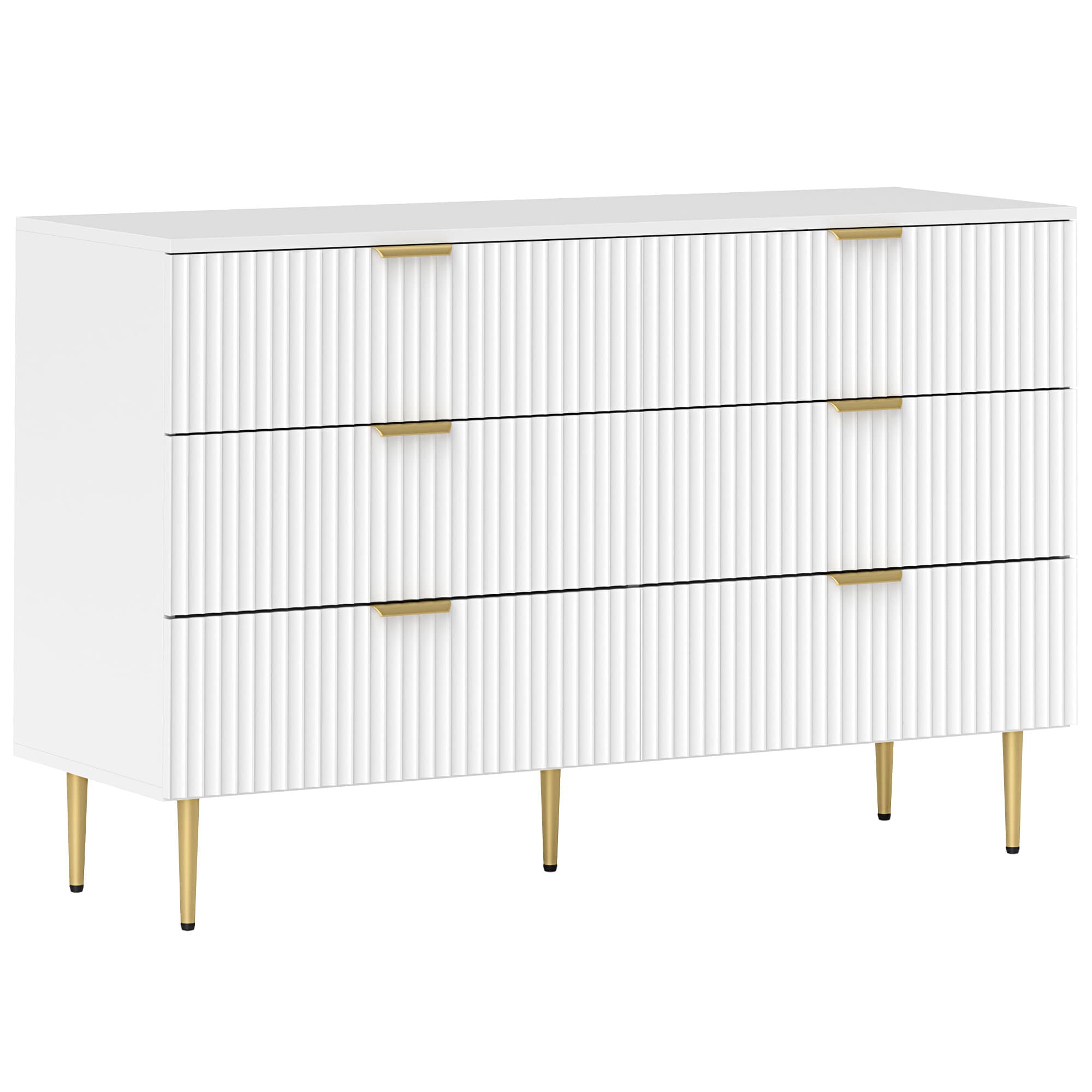 HOMCOM Commode 6 tiroirs commode chambre meuble de rangement moderne avec poignées et pieds dorés, 120 x 40 x 76,5 cm, blanc