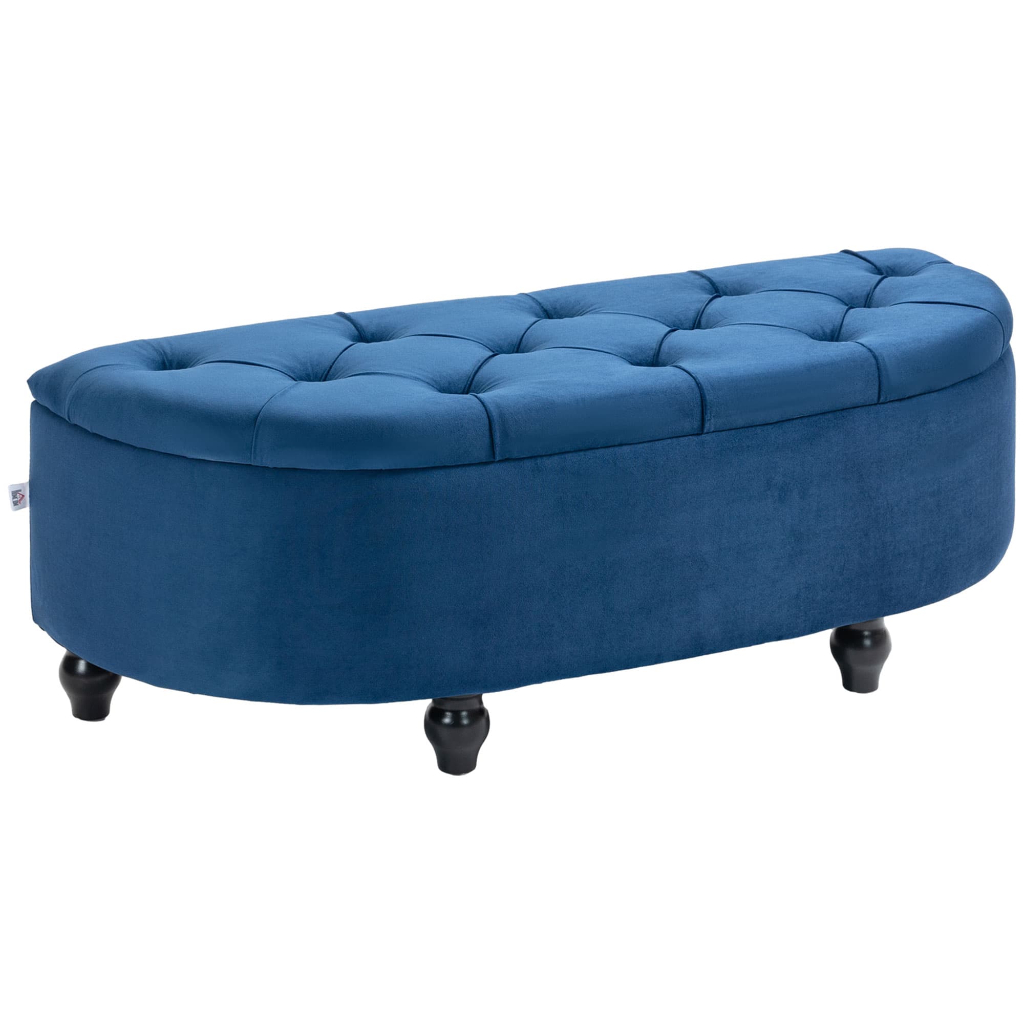 HOMCOM Pouf de Rangement Coffre 2 en 1 - Pouf capitonné Demi-Cercle - Pieds Bois hévéa Noir revêtement Velours Bleu